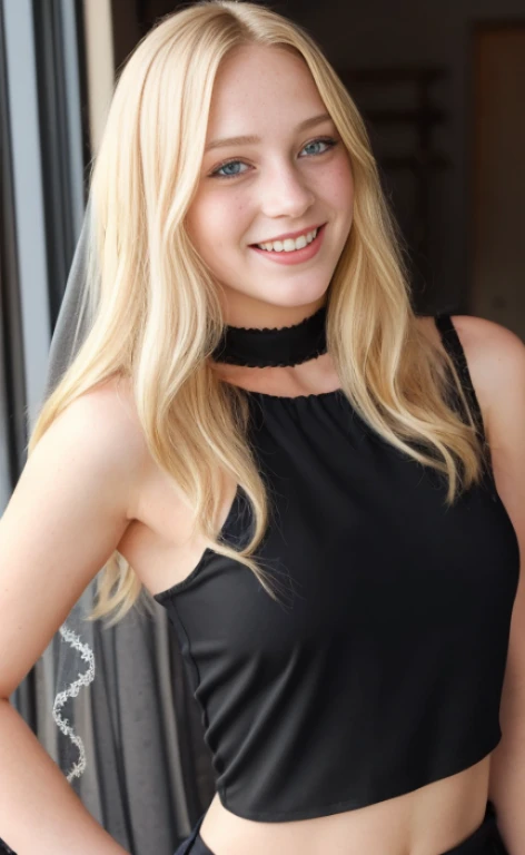 a young blonde woman wearing a black veil, a black croptop and harempants, calm smile, blue eyes, freckles.