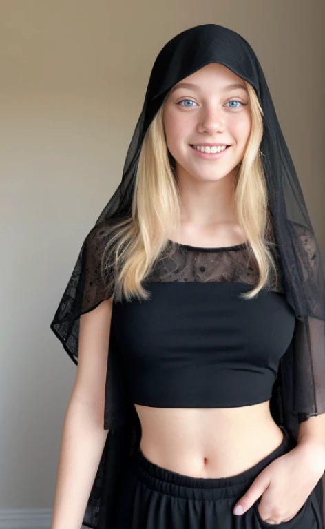 a young blonde woman wearing a black veil, a black croptop and harempants, calm smile, blue eyes, freckles.