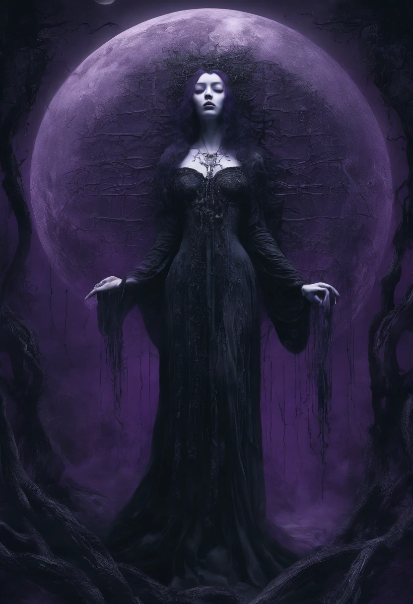 purple and black image of a woman in a dress with a full moon in the background, jellyfish priestess, jellyfish shrine maiden, jellyfish god, statue made of glass, octopus goddess, lunar goddess, large translucent art statues, yoshitaka amano octane render, mindflayer, moon goddess, extremely detailed goddess shot, ethereal essence, astral ethereal