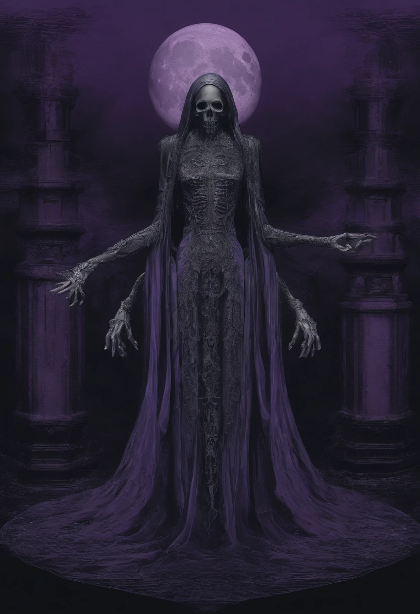 purple and black image of a woman in a dress with a full moon in the background, concept art inspired by Harry Clarke, zbrush central contest winner, fantasy art, jellyfish priestess, jellyfish shrine maiden, jellyfish god, statue made of glass, octopus goddess, large translucent art statues, lunar goddess, yoshitaka amano octane render, mindflayer