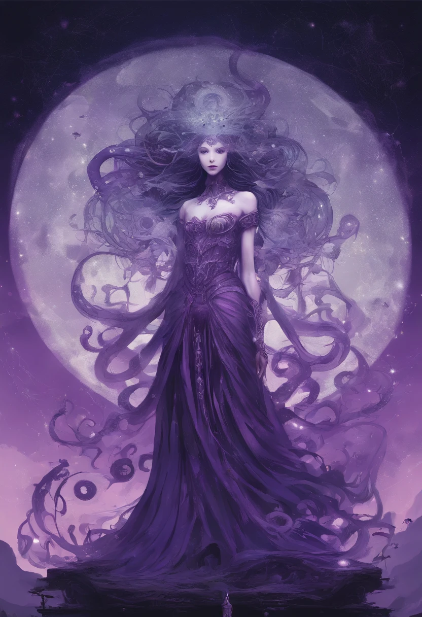 

Purple and black image of a woman in a dress with a full moon in the background., irish banshee, Medusa Priestess, Medusa Shrine Maiden, God Medusa, statue made of glass, octopus goddess, lunar goddess, Large translucent art statues, Yoshitaka Amano Octane Render, mindflayer, moon goddess, extremely detailed goddess shot, ethereal essence, ethereal astral, in profile screaming and flying
