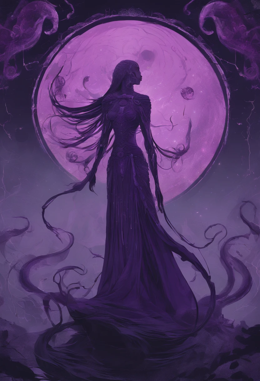 purple and black image of a woman in a dress with a full moon in the background, concept art inspired by Harry Clarke, zbrush central contest winner, fantasy art, jellyfish priestess, jellyfish shrine maiden, jellyfish god, statue made of glass, octopus goddess, large translucent art statues, lunar goddess, yoshitaka amano octane render, mindflayer