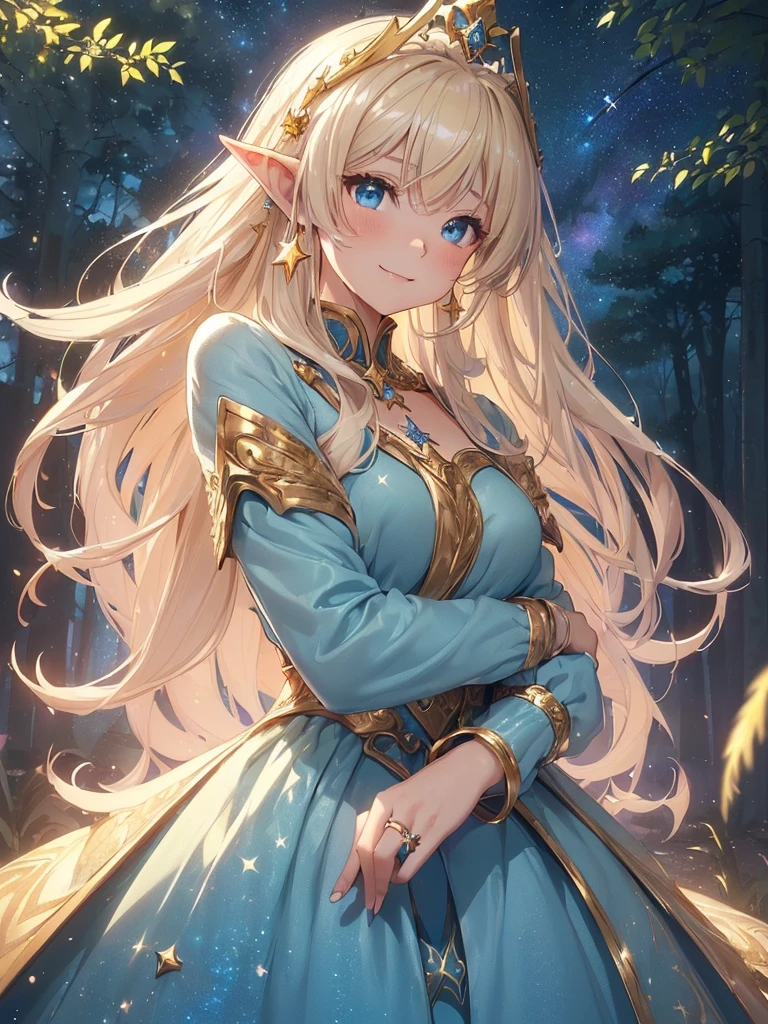 top-quality、Top image quality、​masterpiece、girl with((20yr old、Best Bust、big bast、Bust 90,Beautiful blue eyes、,Blonde long hair、A slender、Fairy feathers、In beautiful dresses of various colors、a closeup、is standing、Gold ring on wrist、beautiful tiara、hiquality、Beautiful Art、Background with((starrysky)))masutepiece、visualart、depth of fields、sky at night、、　、low angles、A sexy、Elven ears、Feathers glow in iridescent colors、light magic、in beautiful woods、Big trees、mid night、Flute melodies🎵、Fun Concerts、Happy smile、Gentle light、autumnal、Colored leaves