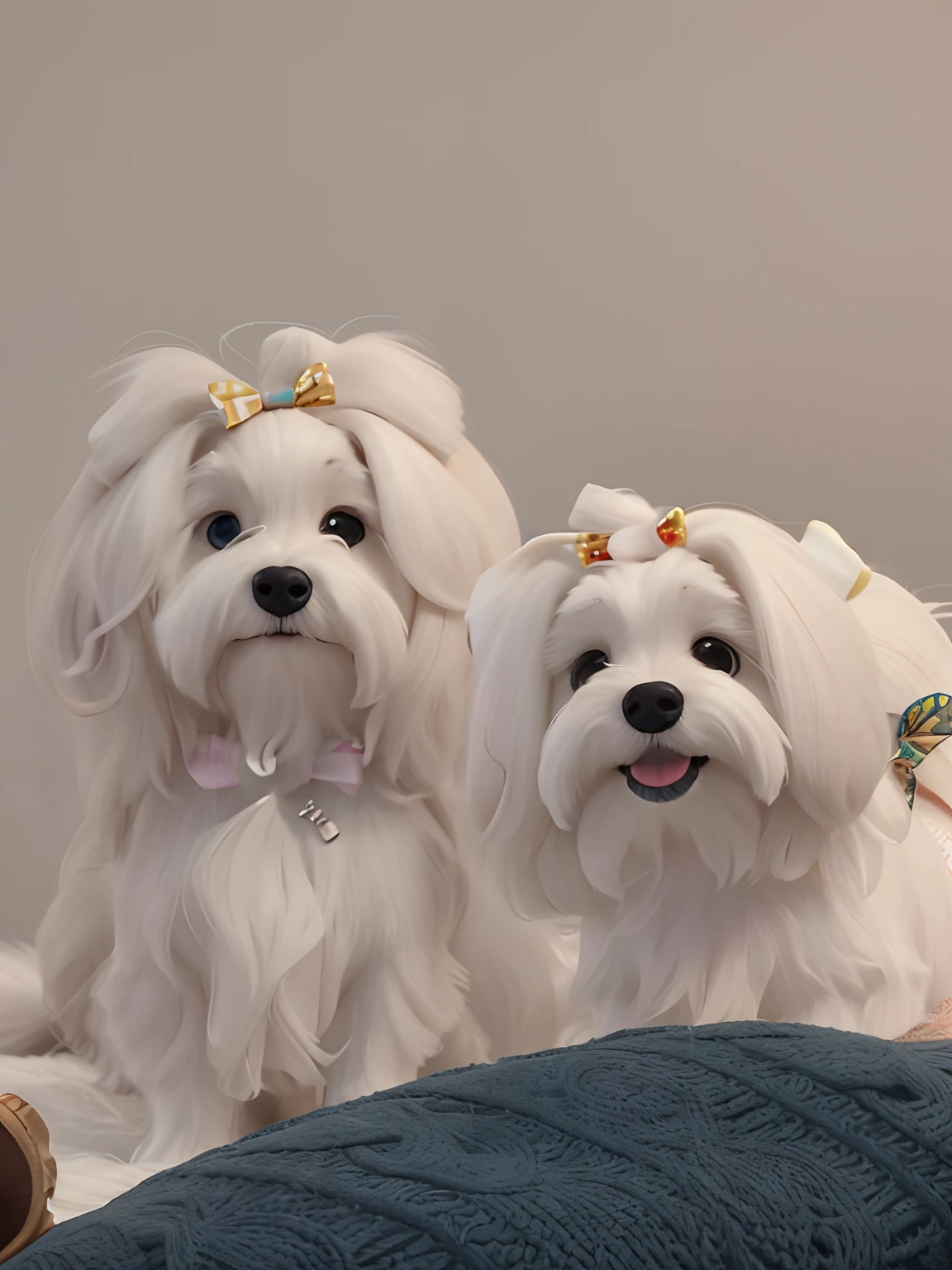 Two Maltese dogs with long hair bows