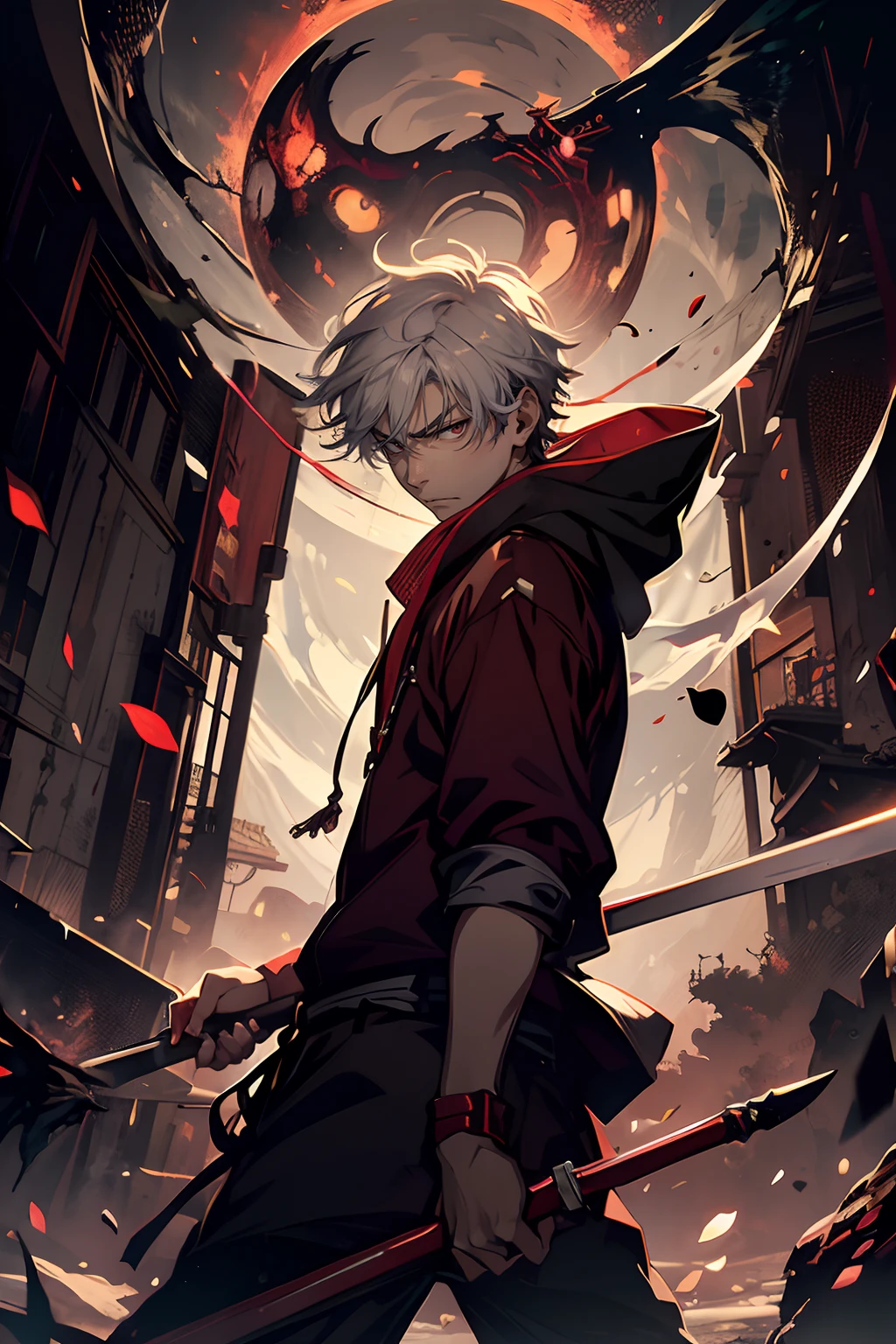 1boy, Twirling a kusarigama in the right hand, red kusarigama, hood, Siliuet, dark style, black background, ((white hair)) angry look