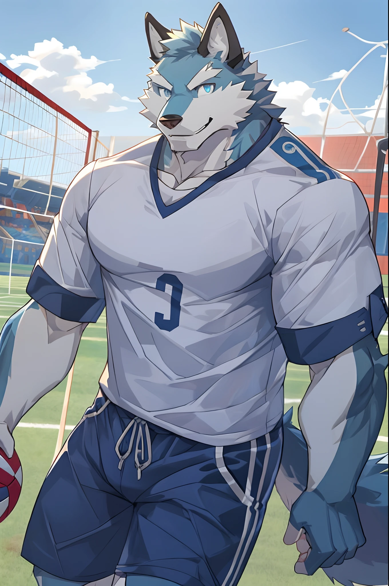 Best quality, Solo, Argo, Furry Wolf, Blue Fur, Blue eyes, Medium Muscular Body, Handsome, Good Looking, Volleyball Shirt, Cool Pose, Fierce, Smiling, Volleyball Field Background