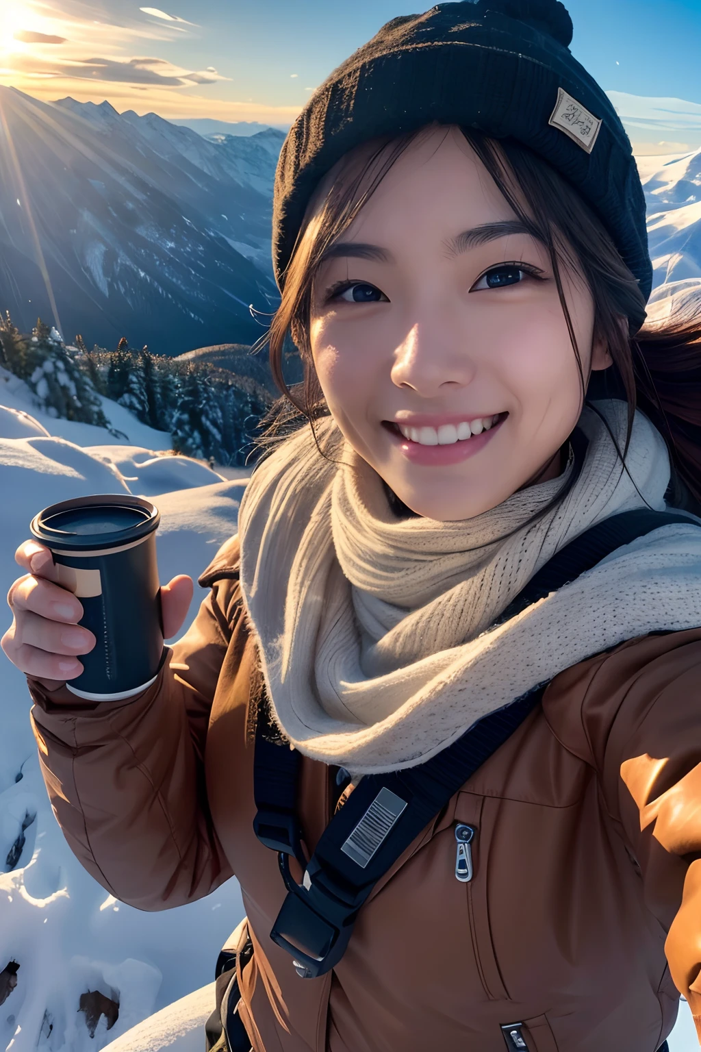 (Upper body selfie:1.3),Winter climbing,With a superb view from the summit in the background,Beautiful sunrise,Remove the beam from above,Backlighting,Generate images of beautiful women around the world,Especially while reflecting elements of Western beauty.Woman with natural smile and attractive expression,Woman with natural smile and attractive expression,Transparent skin,sparkle in eyes,Expresses an elegant atmosphere,,Solo, backpack,knit hat,Sweaters,gloves,Mountain boots,water bottle,Camping stove,kettle,mug,Single-person tent,strong wind blowing,blizzard,Hair fluttering in the storm,(The 8k quality,masutepiece,top-quality,Ultra-high resolution output image,),(Highly detailed raw photos:1.3),(Image Mode Ultra HD),