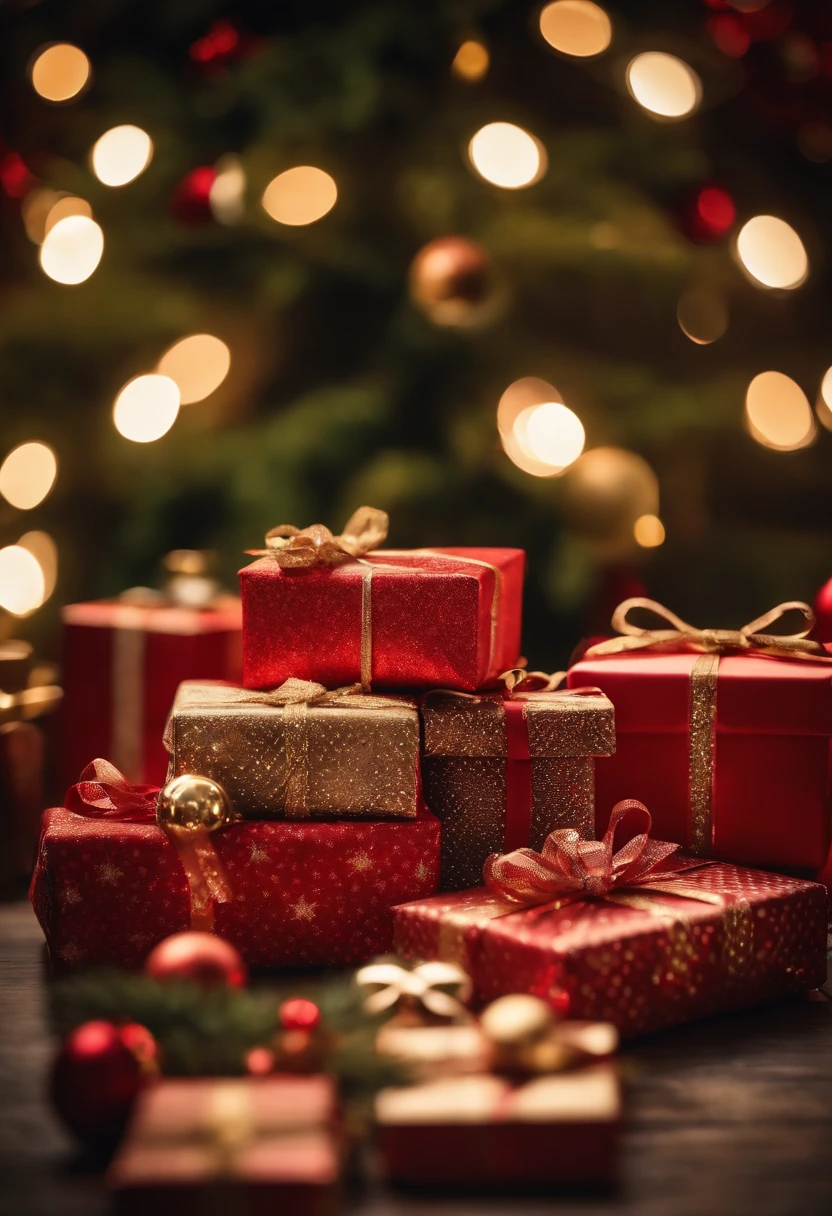 Capture a creative shot of a stack of Christmas gifts arranged in a decorative pattern or shape, creating a visually appealing composition