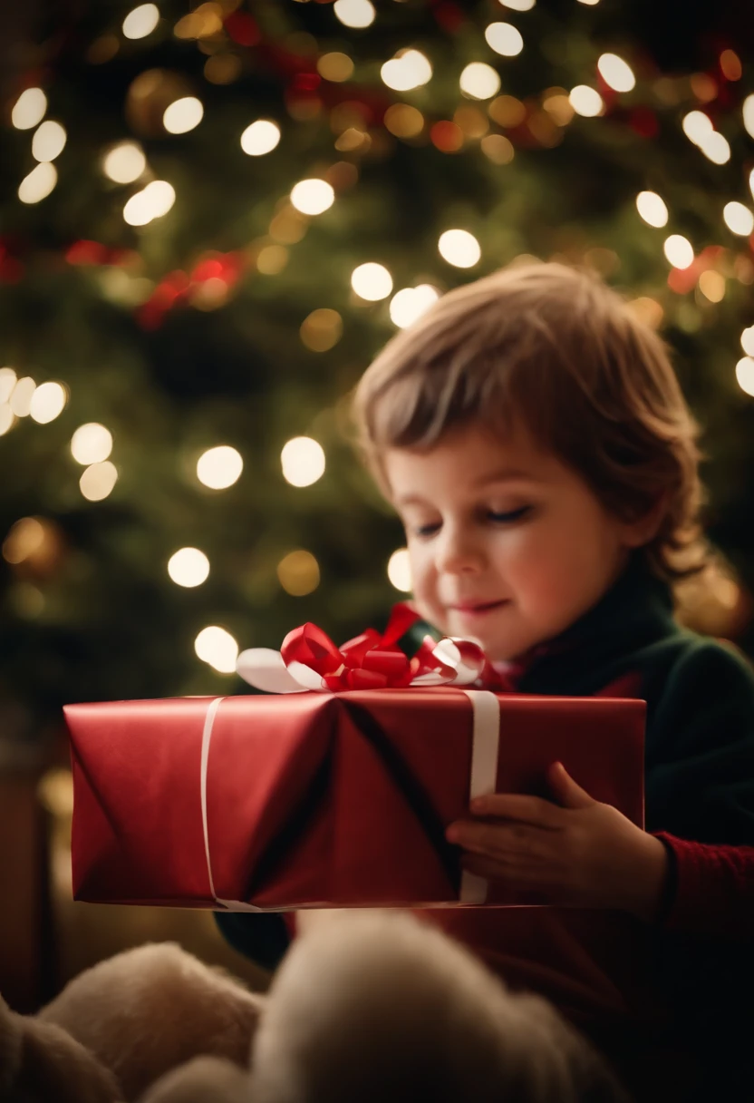 Capture a low-angle shot of a  reaching out to grab a Christmas gift from under the tree, capturing their anticipation and excitement