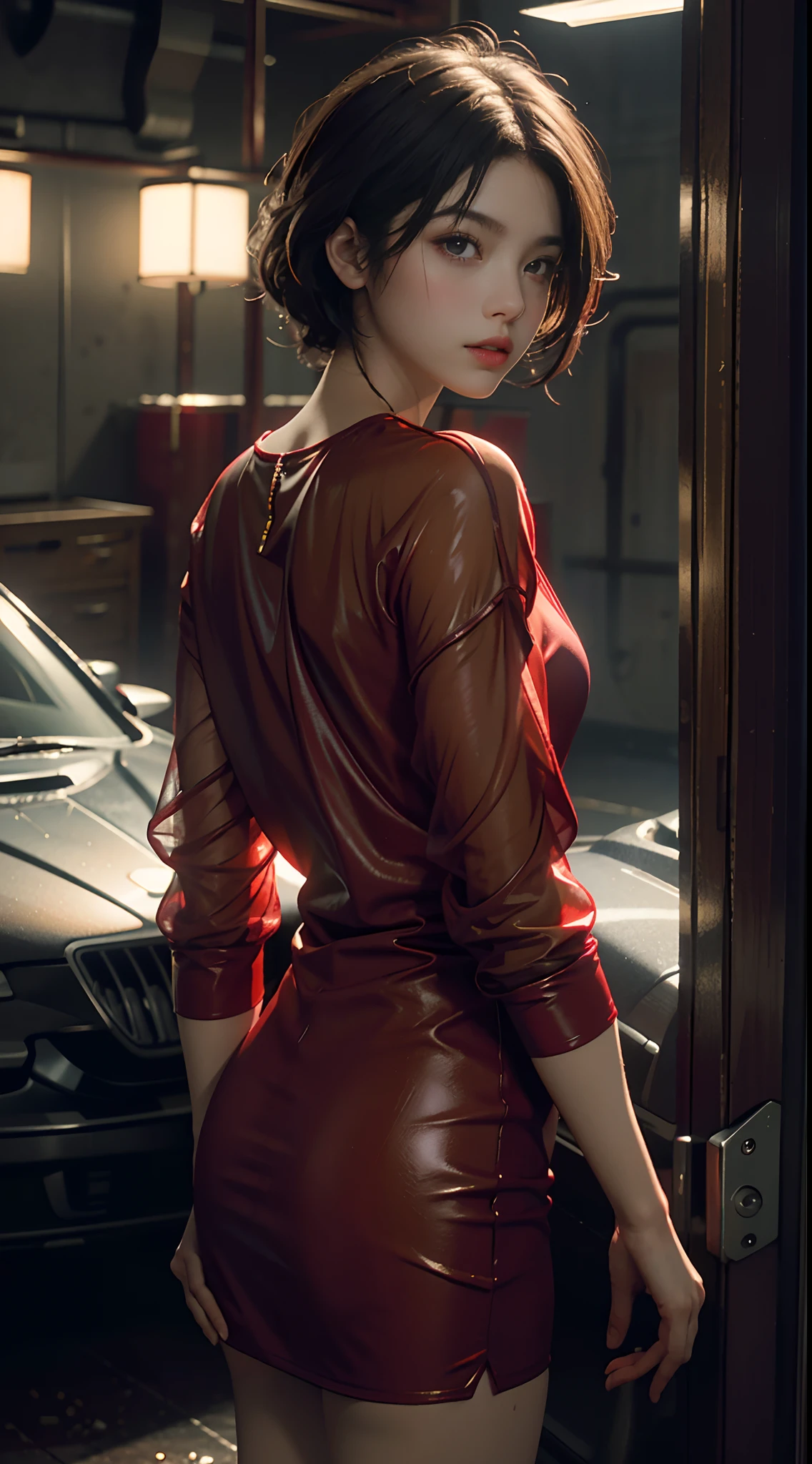 Best quality, masterpiece, super high resolution, (fidelity: 1.4), original photo, 1girl, mature, red top, cinematic lighting,soaked,looking back, transparent,
