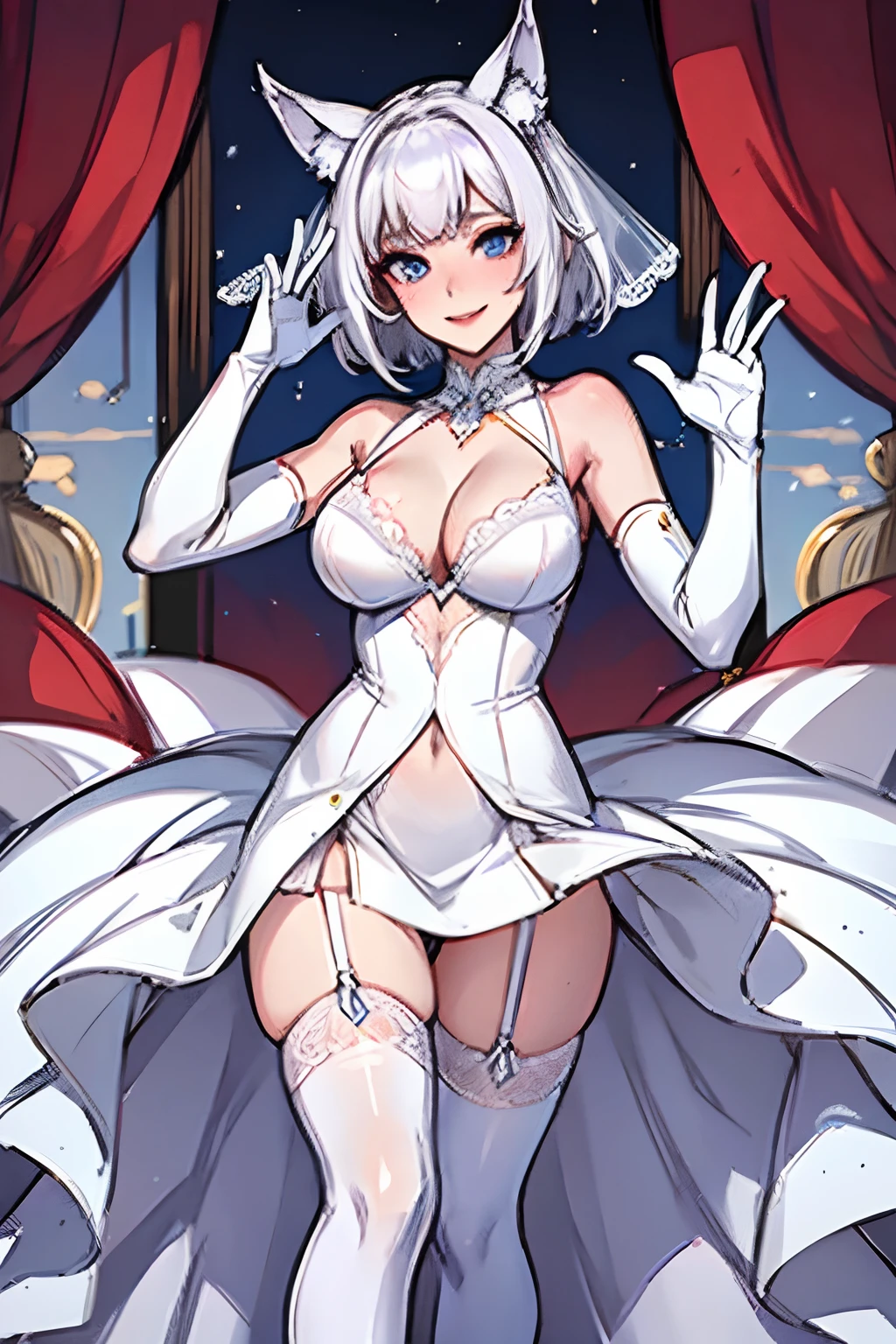 masutepiece The highest image quality Super vivid One lady((Adults)) White Long Gloves((blanche)(gloves)) white stockings((blanche)(Stockings)) an lingerie(weddingdress) A sexy cheek(rot) A smile The hair(hair(short-hair)(Wave) Wolf ears Eye color is blue
