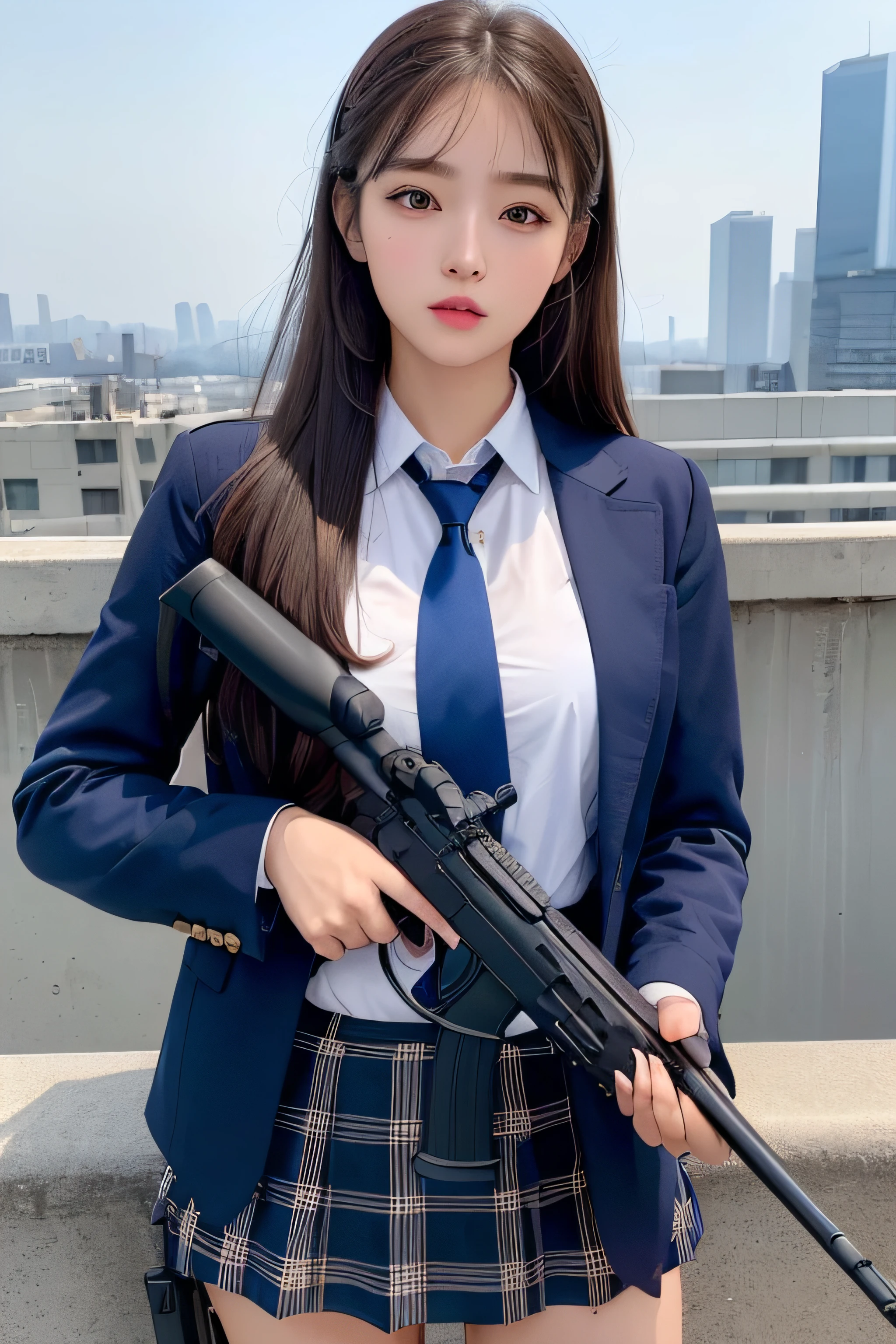 1womanl、(Super beautiful)、(beauitful face:1.5)、(A detailed face)、is standing、(high-school uniform)、Dark blue jacket、white  shirt、neck tie、Plaid mini skirt、Brown hair、(Dark makeup)、(holding rifle)、(Aim your rifle:1.5)、h&K HK416、(On the roof of a high-rise building)