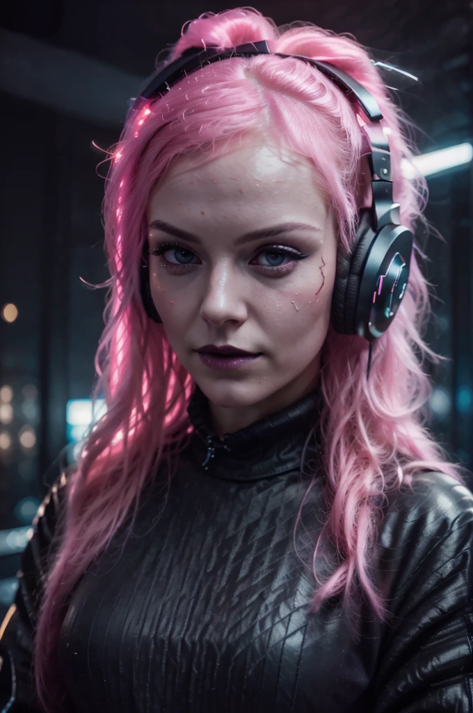 Nicole, RAW photo of young English woman, color photograph, portrait, ((a realistic photo of a beautiful young 21yo girl)), shadows, futuristic silver wing eyeliner, dark lips, ((pale glowing skin)), looking at viewer, Dj headphones, smirk, shy, long messy pink hair, perfect facial features, perfect realistic young skin, worn knitted black sweater, masterpiece, high quality, very detailed face, gothic, night bokeh background, set in a smokey Computer room.