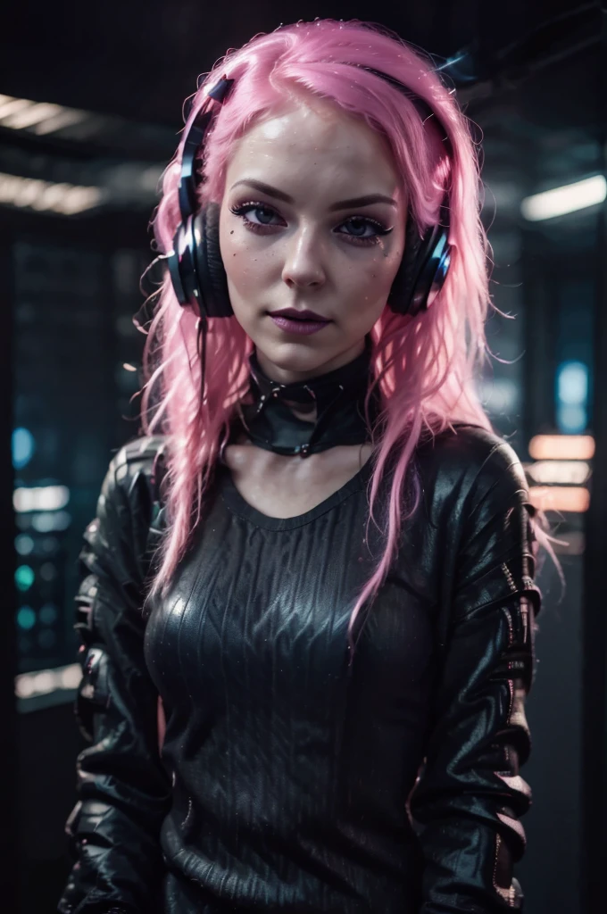 Nicole, RAW photo of young English woman, color photograph, portrait, ((a realistic photo of a beautiful young 21yo girl)), shadows, futuristic silver wing eyeliner, dark lips, ((pale glowing skin)), looking at viewer, Dj headphones, smirk, shy, long messy pink hair, perfect facial features, perfect realistic young skin, tight iridescent dark pink crop top, short pleated pink skirt, masterpiece, high quality, very detailed face, gothic, night bokeh background, Computer room.