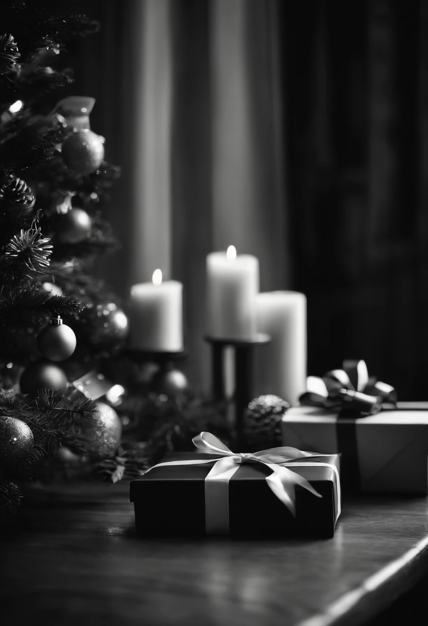 Capture a black and white image of a Christmas gift, adding a timeless and classic touch to the photo.