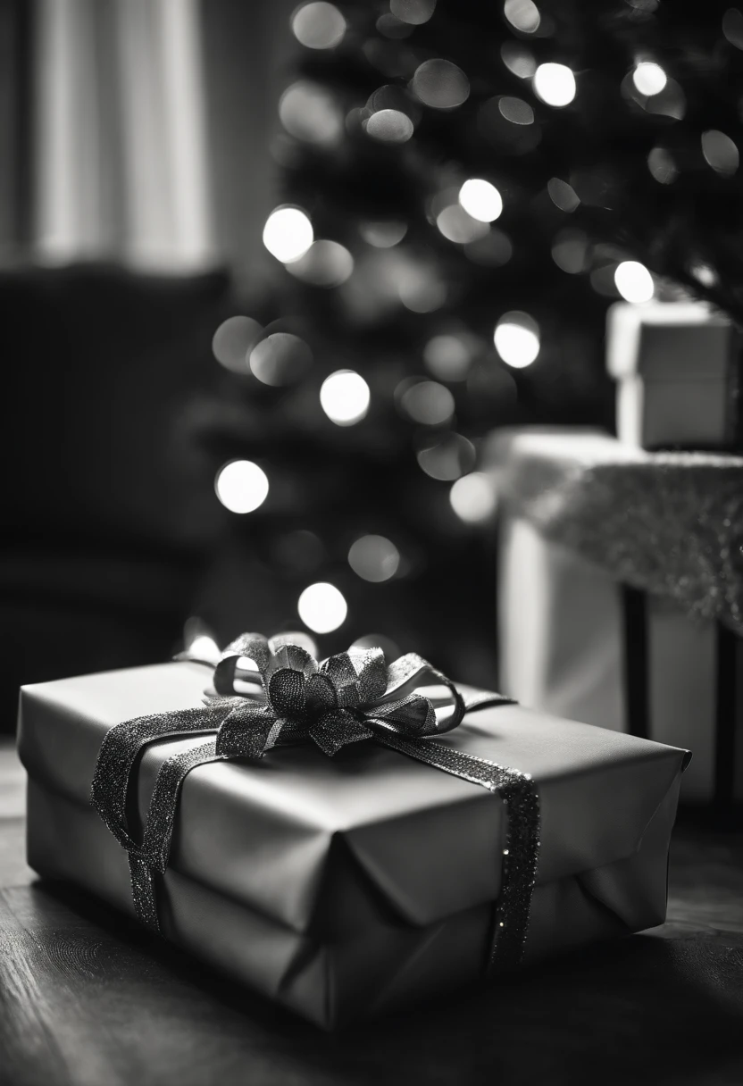 Capture a black and white image of a Christmas gift, adding a timeless and classic touch to the photo.