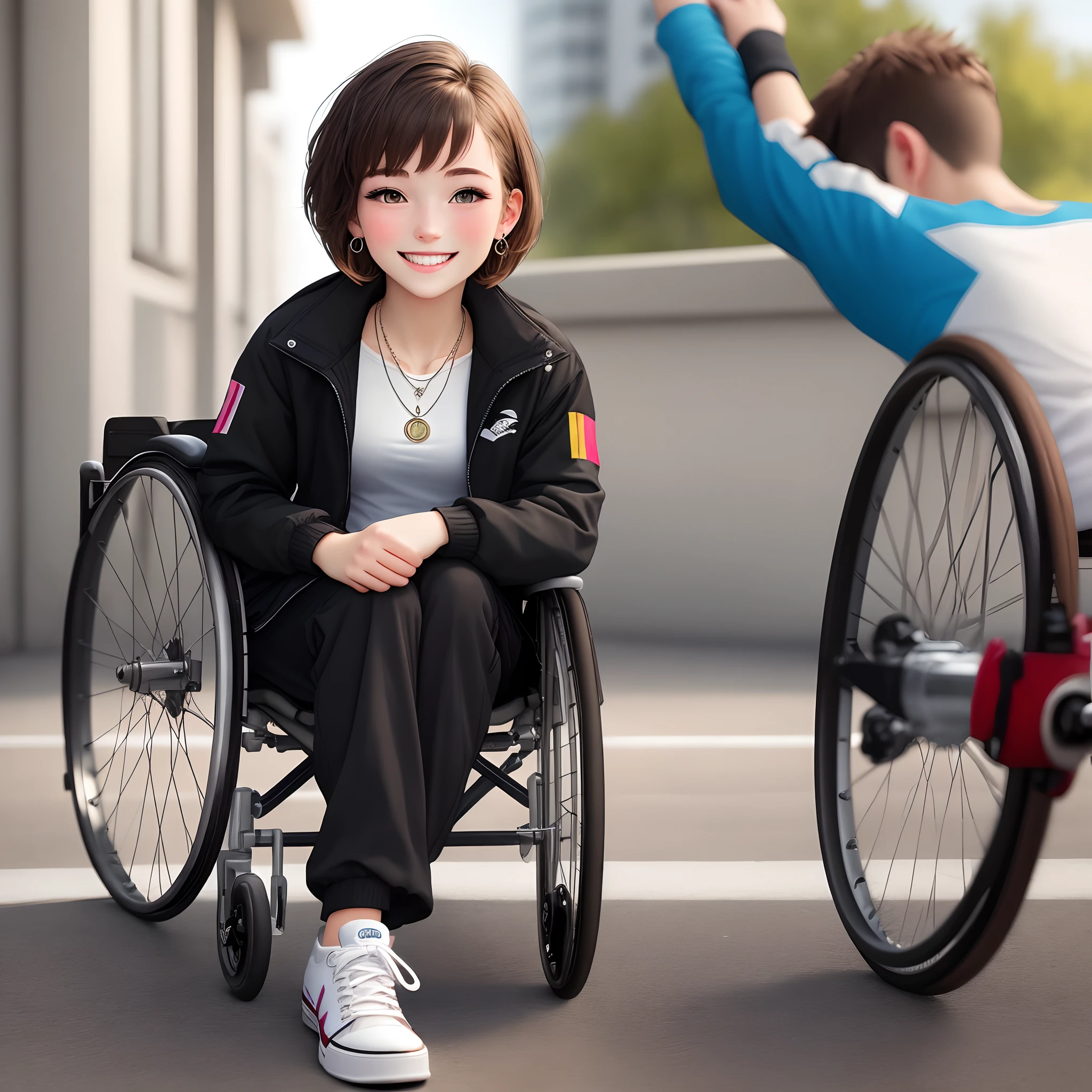 photo 16-year-old white american girl with short brown hair, brown eyes, a black jacket with a white shirt underneath, black pants, and black converse tennis shoes. She is sitting in a wheelchair, smiling at the camera. She is tightly gripping the wheels, doing a wheelie. The setting and her body are covered in vibrant colors. She has a necklace and earrings on.