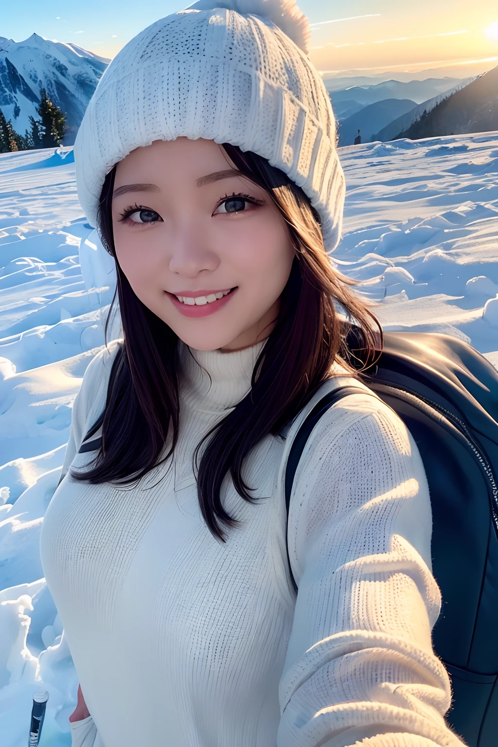 (Upper body selfie:1.3),Winter climbing,With a superb view from the summit in the background,Beautiful sunrise,Remove the beam from above,Backlighting,Generate images of beautiful women around the world,Especially while reflecting elements of Western beauty.Woman with natural smile and attractive expression,Transparent skin,sparkle in eyes,Expresses an elegant atmosphere,large full breasts,Solo, backpack,knit hat,White sweater,gloves,Mountain boots,water bottle,Camping stove,kettle,mug,Single-person tent,strong wind blowing,blizzard,Hair fluttering in the storm,(The 8k quality,masutepiece,top-quality,Ultra-high resolution output image,),(Highly detailed raw photos:1.3),(Image Mode Ultra HD),