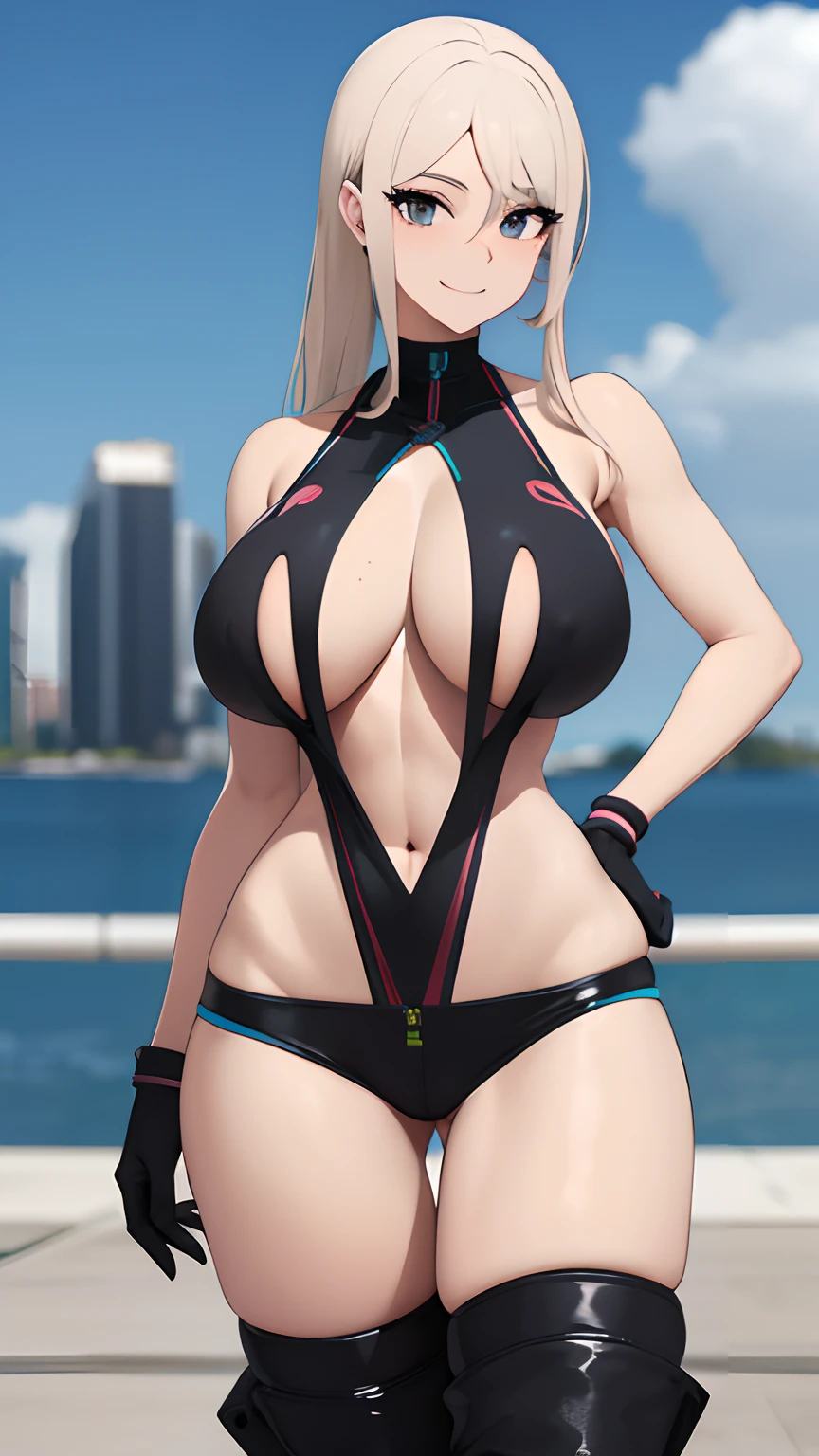 Mujer pose sexy, ropa futurista, ajusta, cuerpo detallado tetas grantes, gran figuram, ultra detallado, Modelo de belleza, sentada, sonriendo, cuerpo expuesto, cuerpo completo