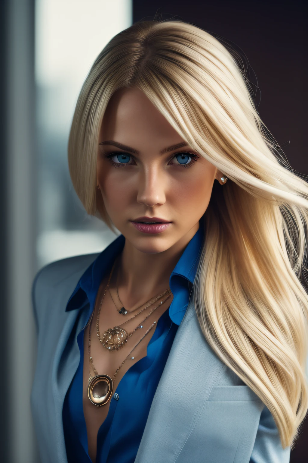 Slender, young, short blonde hair, blue eyes, full view, in office, business clothes, natural skin texture, looking at side, 24mm, 4K textures, soft cinematic light, RAW photography, photorealistic, photorealistic, complex, elegant, highly detailed, sharp focus, (((cinematic look))), calm Tone, Insane Detail, Complex Detail, Ultra Detail, High Contrast, Soft Cinematic Light, Dim Colors, Exposure Blending, HDR, Faded, Cold, Waist Thin, Well-Proportioned, (8k, 4k, Top Quality, Hi-Res: 1.1), (Realistic, Photorealistic: 1.1), Girl, Twin Tails, Blonde Hair, Bangs, Long Hair, Necklace, Earrings, Lips, Eye Shadow, Jewelry, (Viewer Looking For: 1.8), Spaghetti Straps, Detail, High Contrast, from_side, srfc, stunning complex full color, spectacular character composition, sharp focus, natural light, sub-surface scatter, f2, 35mm, film grain