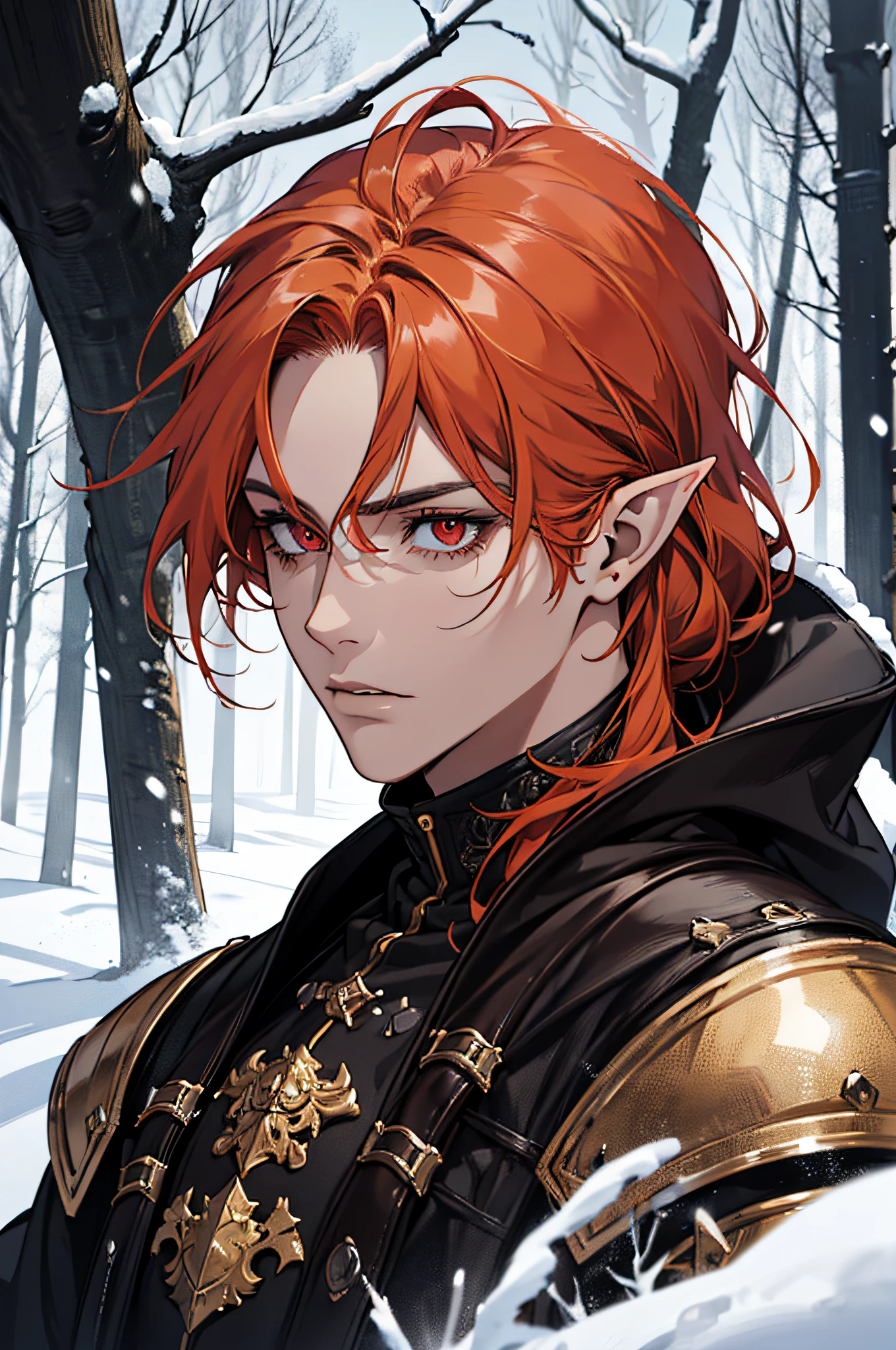 (absurdres, highres, ultra detailed), 1 man, adult, beautiful, elf, pointy ears, long orange hair, cristal red eyes, detailed face and finely detailed eyes, fantasy, dark brown clothes, warrior, leather armor, strong, very muscular, colorful, libary, portrait, dark libary, flying flames, dark forest, snow