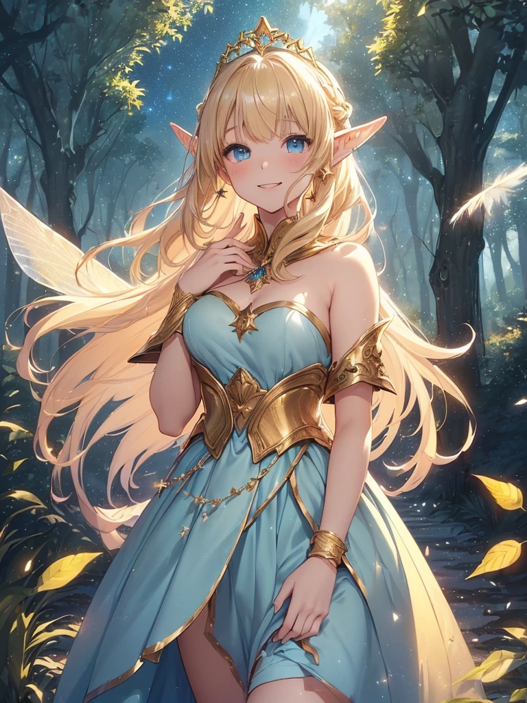 highest quality、Highest image quality、masterpiece、Titania、Super beautiful elf beauty((22 years old OL big bust、bust 90,beautiful long ironed hair、blonde、Height: 165cm。slender、sexy、Esbian、beautiful tiara、night、High quality、beautiful art、background((starry ski)))muste piece、visual art、Depth of the bounds written、、elf ears、fairy wings、光のmagic、universe、A happy smile、gentle light、lanthanum、get lost、、ticker beautiful decorative、elegant、mystical　rosa、　heaven、beautiful dressy、beautiful dress、、giant galaxy、morning、myth、ART、Lord of the Ring、sexy、friendly smile、Fantastic、mysterious forest、in the forest、magicの光、fantasy、flower、super REALITYたくさんの薔薇、little fairy、magic、Nature、壮大なflower畑、fairy world、fantasy、、marble columns、gold foil、mysterious light