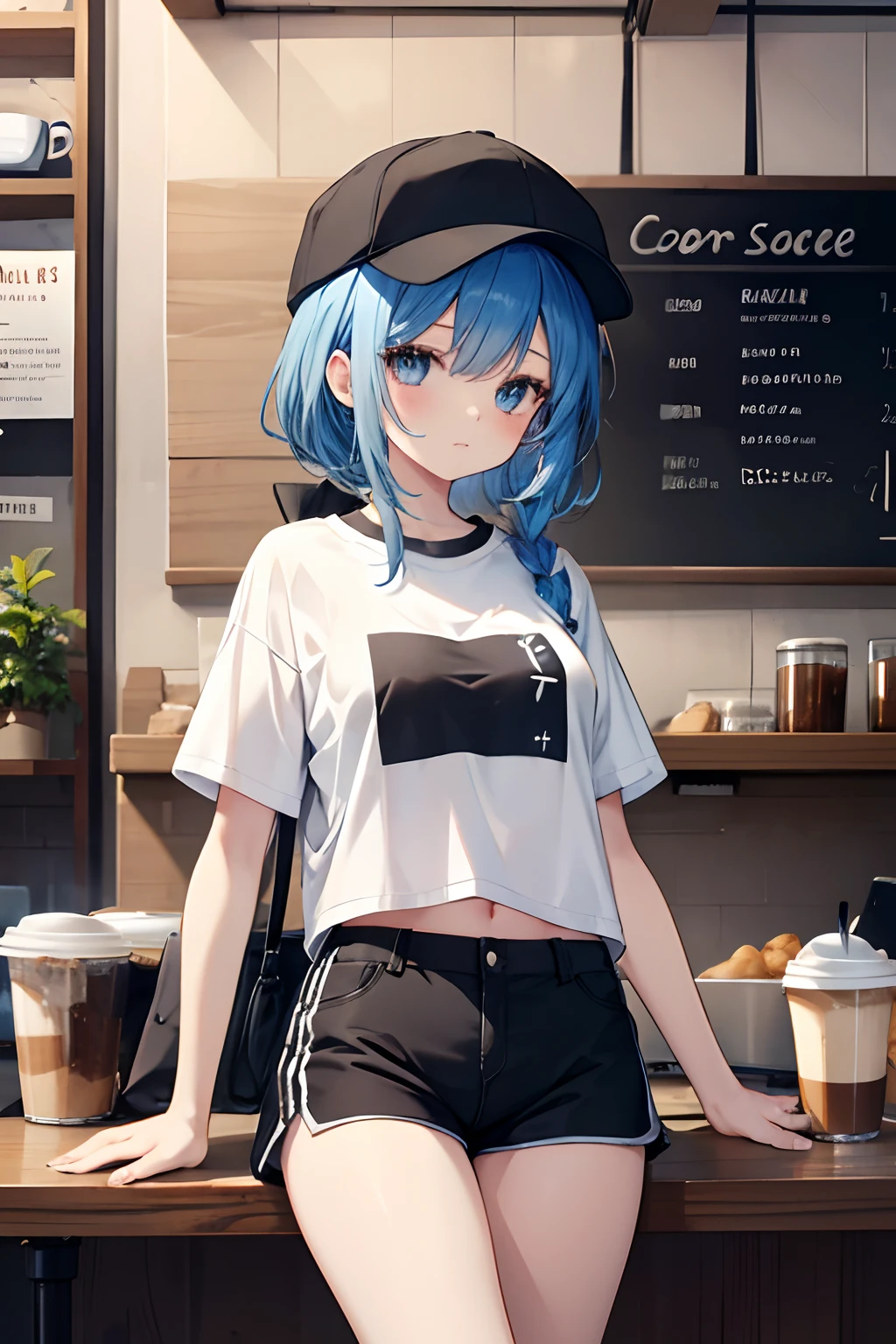 1girl, blue hair, black cap, white t-shirt, black shorts, in a coffee shop