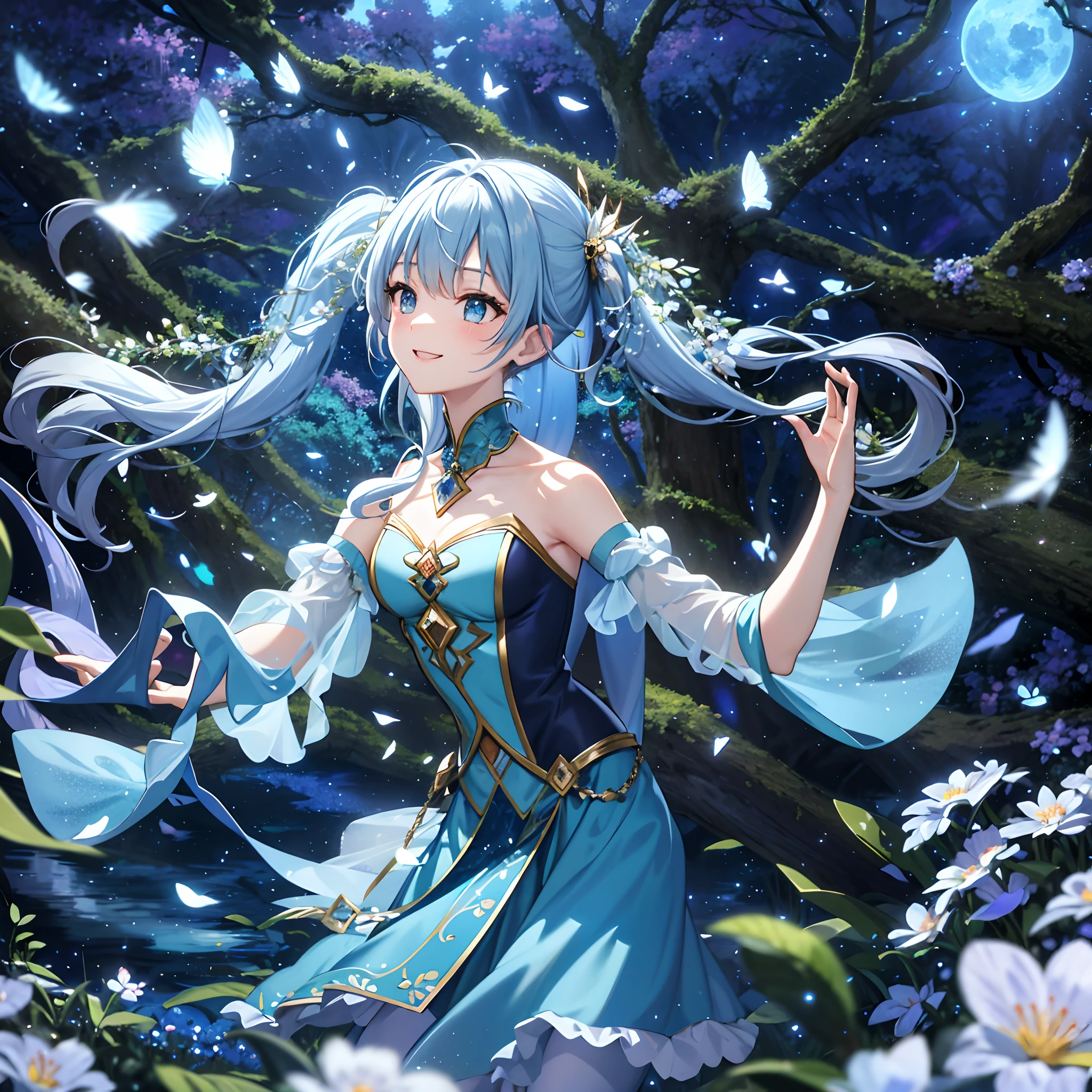 In a realm of enchantment, Dynamic Angle、 within a magical forest, a mystical fairy girl emerges, Light blue long hair、Hairstyle is Twintails、adorable smiling、Moonlight twinkle. Her skirt, woven from petals and stardust, shimmers with an iridescent glow, Flowering trees々While flapping its wings in the sparkling fireflies, the air resonates with the ethereal symphony of nature's whispers, Creating a field where dreams and reality intersect,Dance the Dance of Pure Charm.