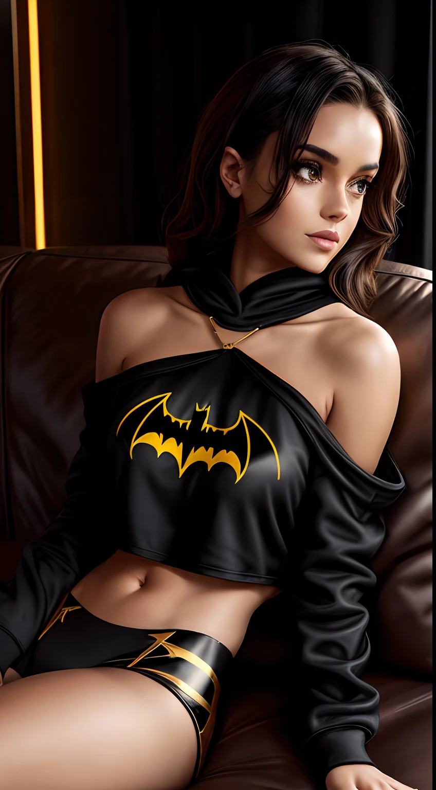 Bat Woman, wearing black and gold off shoulder cropped hoodie, girlfriend, warm atmosphere, on the couch, facing camera, legs spread