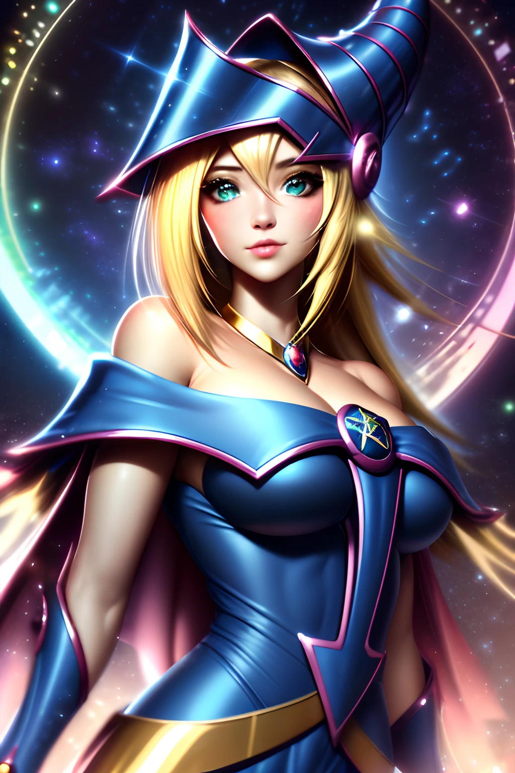 ((La mejor calidad)), ((Obra maestra)), ((realista)), retrato, dark magician gils. ojos azules. cabello rubio.
1girl, celestial, Deidad, diosa, light particles, halo, Mirando al espectador,
(bioluminiscente:0.95), Vibrante, Colorido, Color, (resplandeciente, resplandecer),
(beautiful composition), cinematic lighting, intrincado, (Symmetrical:0.5), Caprichoso,