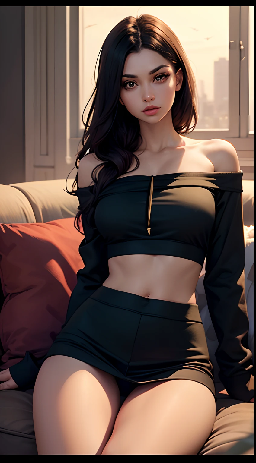 Bat Woman, wearing black and gold off shoulder cropped hoodie, girlfriend, warm atmosphere, on the couch, facing camera, legs spread