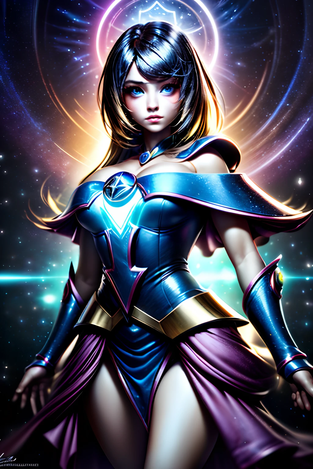 ((La mejor calidad)), ((Obra maestra)), ((realista)), retrato, dark magician gils. ojos azules. cabello rubio.
1girl, celestial, Deidad, diosa, light particles, halo, Mirando al espectador,
(bioluminiscente:0.95), Vibrante, Colorido, Color, (resplandeciente, resplandecer),
(beautiful composition), cinematic lighting, intrincado, (Symmetrical:0.5), Caprichoso,