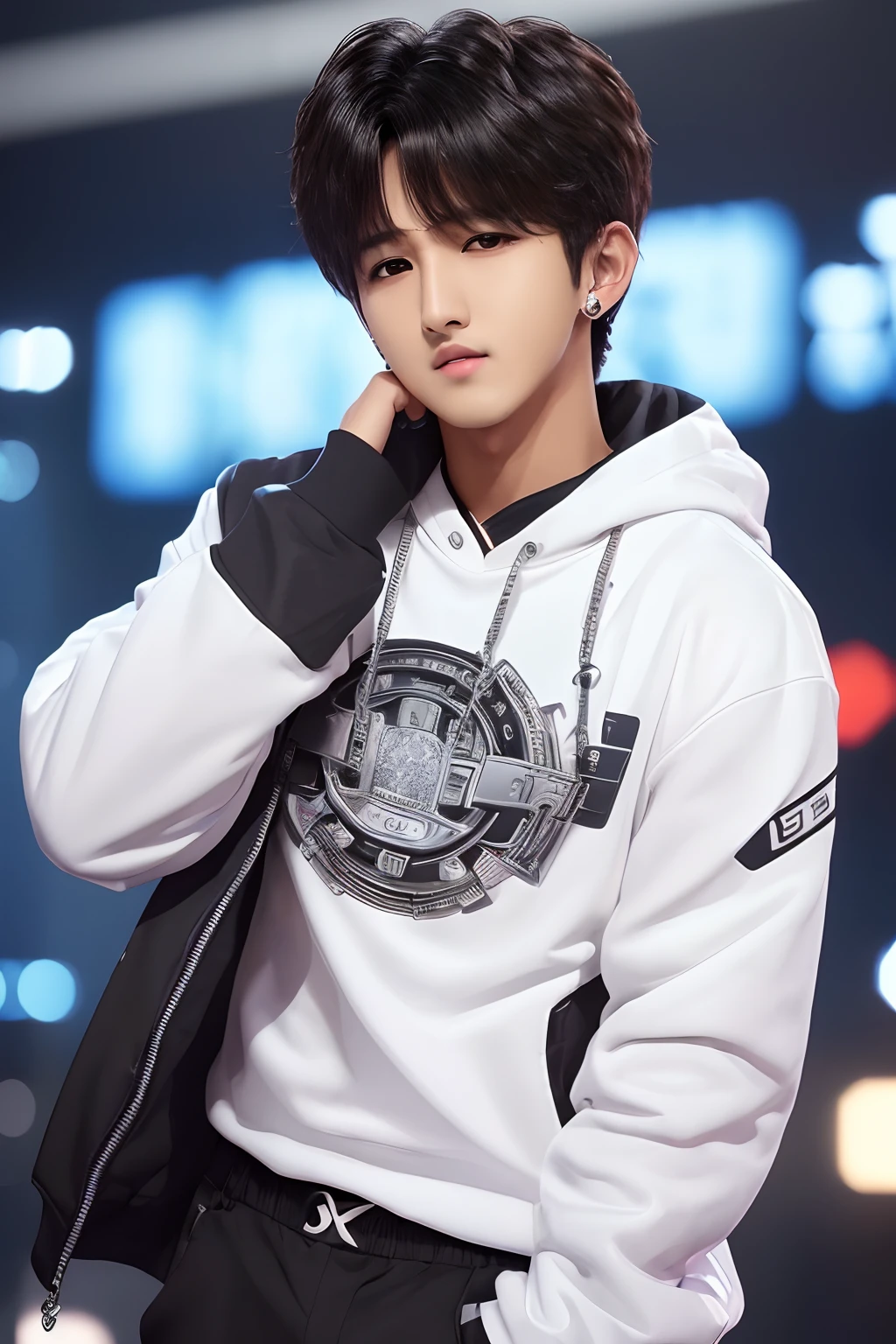 ((Best Quality, 8K, masutepiece :1.3)), Ultra-detailed face, Detailed eyes, 1boy, K-POP, (Whole body), Stray Kids, Changbin,Whole body