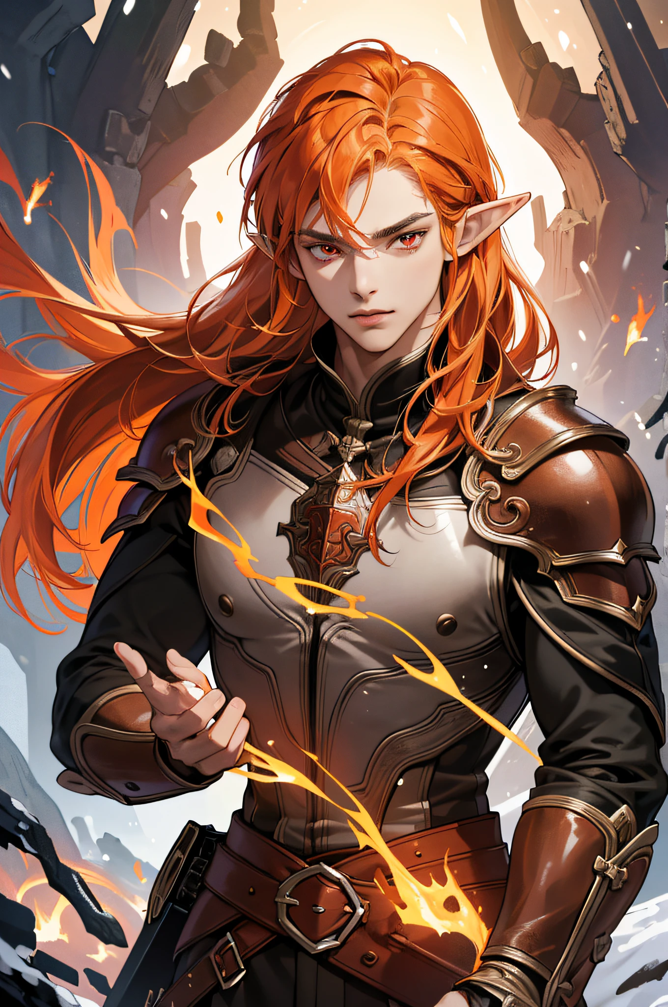 (absurdres, highres, ultra detailed), 1 man, adult, beautiful face, elf, pointy ears, long orange hair, cristal red eyes, detailed face, finely detailed eyes, fantasy, dark brown clothes, warrior, leather armor, strong body, muscular body, colorful, portrait, flying flames, dark forest, snow