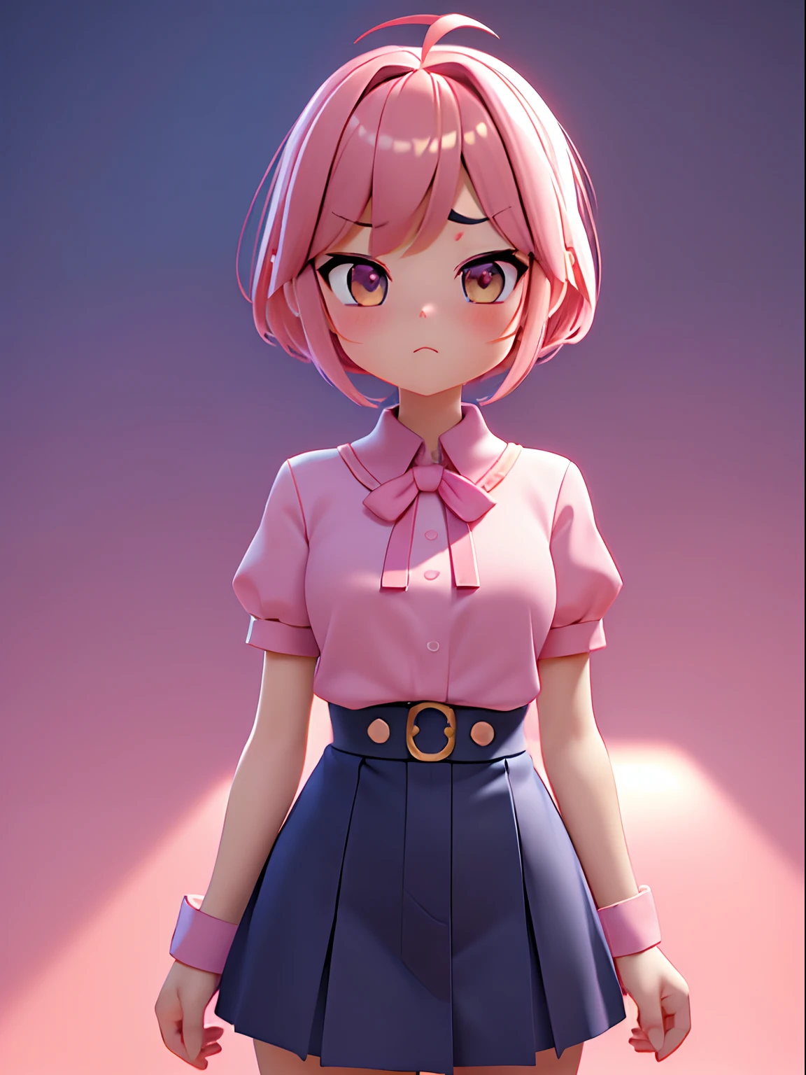 pink back ground、high-level image quality、Golden Eyes、 Pink Short Bob、Bangs at the top of the eyebrows、short bangs、Navy blue Brother uniform with pink ribbon、3D anime girl rendering、anime styled 3d、cute 3d render、 3 d render character art 8 k、From knees to upper body、Delicate drawing、