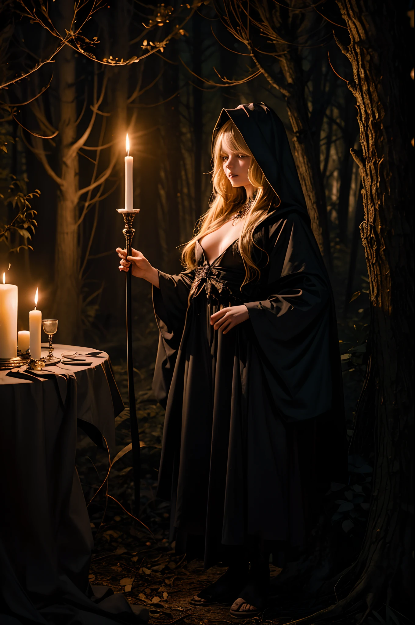 a black magic ritual in a dark woods, blonde naked girl sacrifice, witchcraft, only candle lights, very dark place, several people in black tunics and hoods