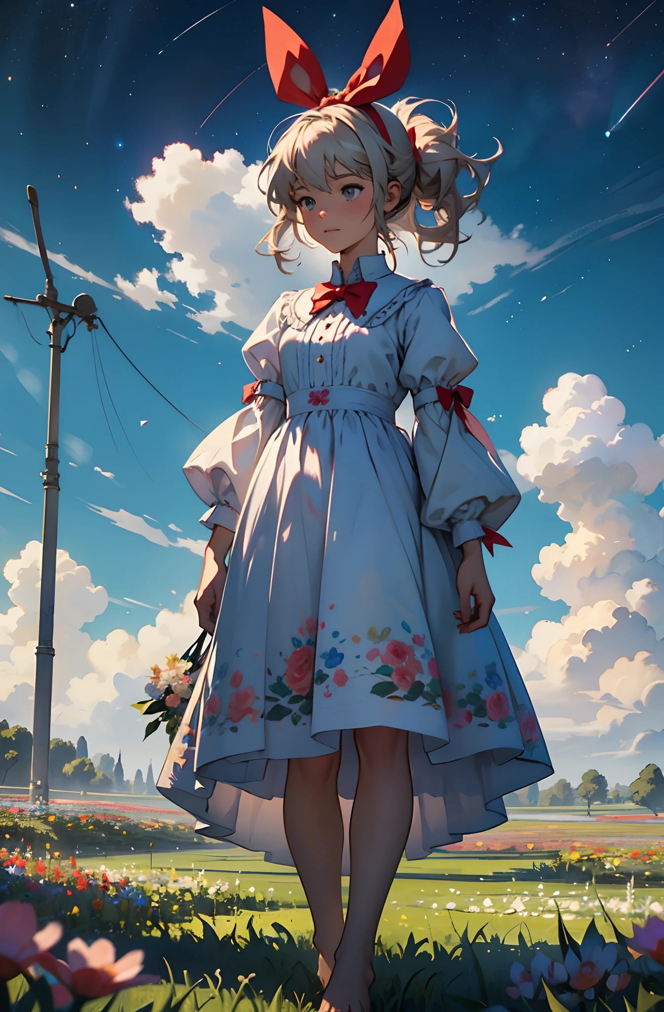 alice in the wonderland, (A bow on the head:1.1), Upper body,There is a girl standing in a flower field looking up at the sky, A girl standing in a flower field, A girl walks in a flower field, Get lost in a fantastic wonderland, standing in flower field, dreamlike digital painting, The sky is gradually clearing, The starry sky gradually receded,(Monet, Impresionismo, Oil painting), Barefoot,Barefoot,02