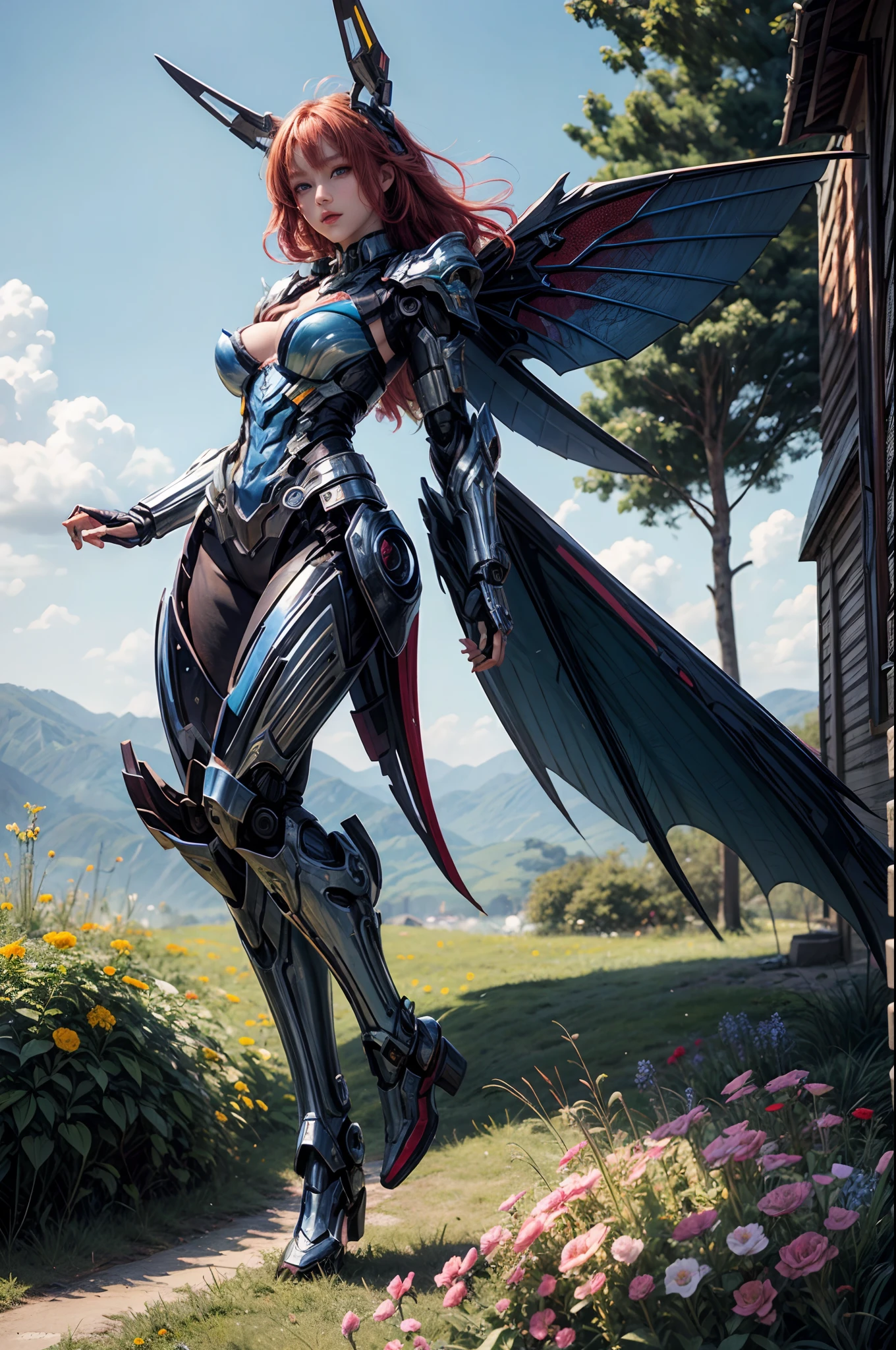 a picture of a mecha fairy resting in a rainbow colored flower meadow, full body, an exquisite beautiful (ultra detailed, Masterpiece, best quality: 1.4) female mecha fairy, dynamic angle (best detailed, Masterpiece, best quality), best detailed face (best detailed, Masterpiece, best quality: 1.5), ultra feminine (best detailed, Masterpiece, best quality), dragon_wings, red hair, long hair, braided hair, dynamic eyes color, (wearing mecha armor: 1.4), resting in (rainbow colored flower meadow: 1.6), full colored, (perfect spectrum: 1.3),( vibrant work: 1.4) vibrant shades of red, orange, yellow, green, blue, indigo, violet day light, sun rising, high details, fantasy art, RPG art best quality, 16k, [ultra detailed], masterpiece, best quality, (ultra detailed), full body, ultra wide shot, photorealistic, mecha musume, anatomically correct, textured skin, high details, 8k