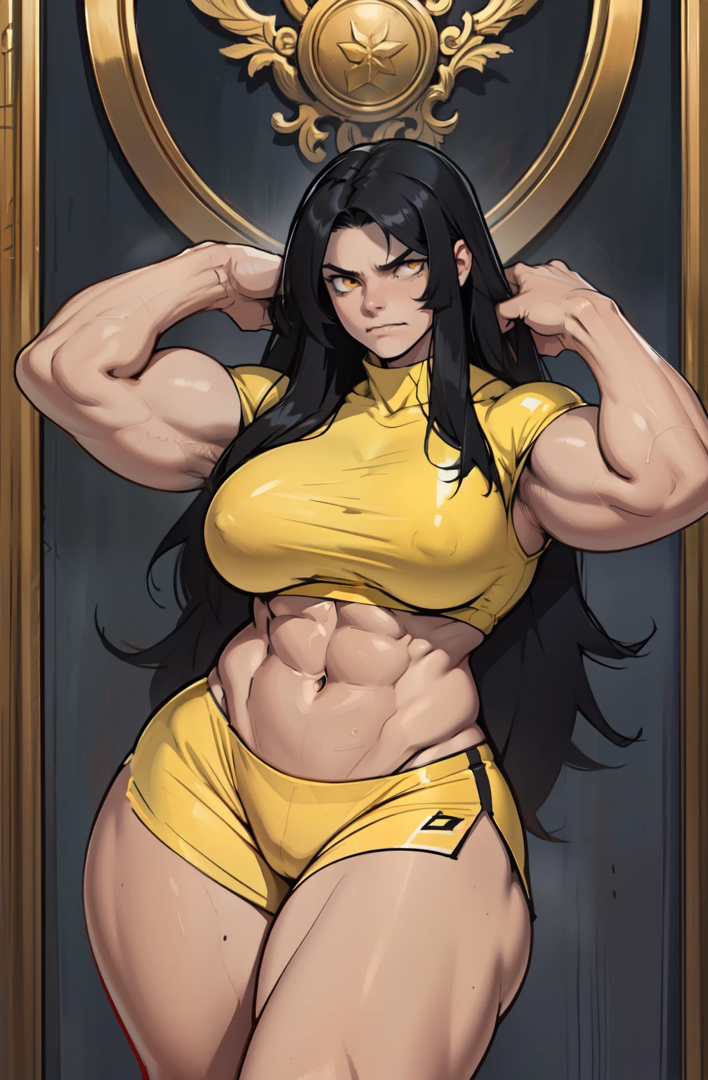 (classic painting style) ((1 girl)), extremely long hair, solo, ((muscular)), veins, black hair, yellow eyes, pale skin, strong, veins, abs, (huge ), frowning