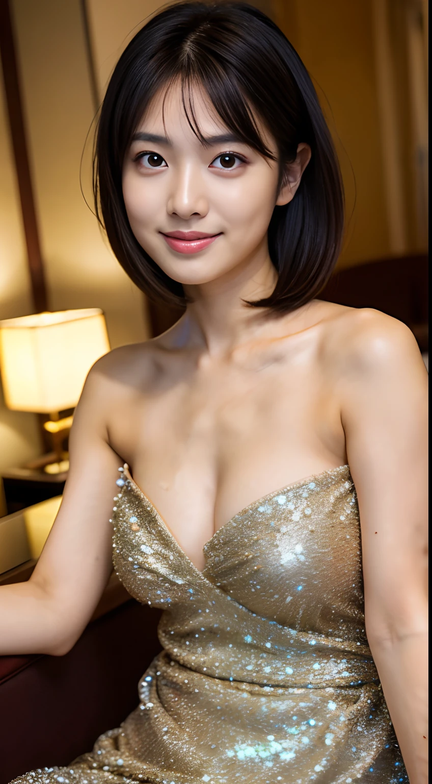 Best-Quality, Masterpiece, Ultra-High-Resolution, (Photorealistic:1.4), Raw-Photo, Extremely-Details, Perfect-Anatomy, 1girl, 18-years-old, the most famous Japanese actress, in gorgeous hotel suite, wearing only glitzy evening dress, very completely drunk, looking at viewer with drunken eyes, sitting on chair, drinking Whisky, grinning, extremely cute face like the most popular Japanese actress, extremely beautiful big black solid circle eyes, extremely beautiful black short-cut-haired, extremely beautiful realistic skins, extremely beautiful shoulder, extremely beautiful small breasts, extremely beautiful perfect body, detailed face, detailed eyes, detailed hair, detailed realistic skins, detailed shoulder, detailed breasts, detailed perfect body, detailed glitzy evening dress