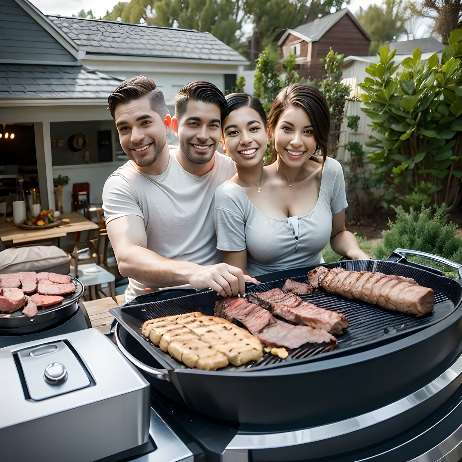 (((2heads))), husband and wife side by side, grilling some meats on an outdoor grill in the backyard of a typical American suburban house,