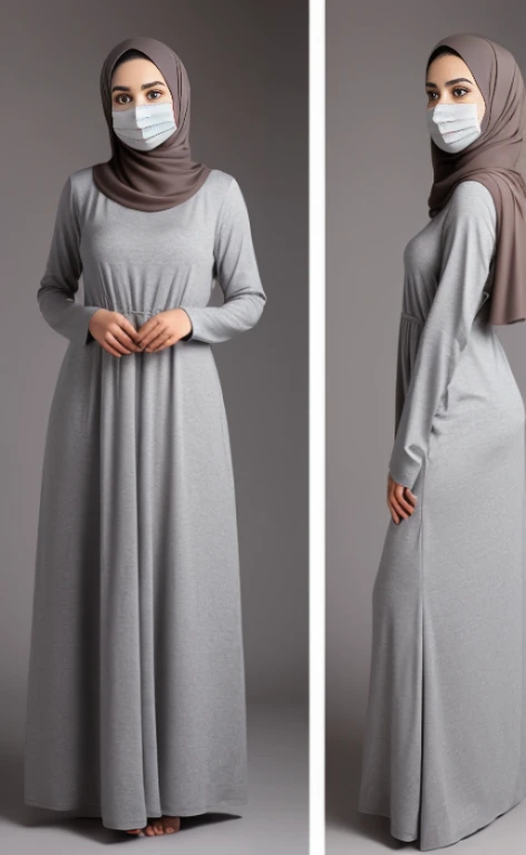Front and back portrait of a woman wearing a long-sleeved floor-long dress, a facemask and a grey khimar.