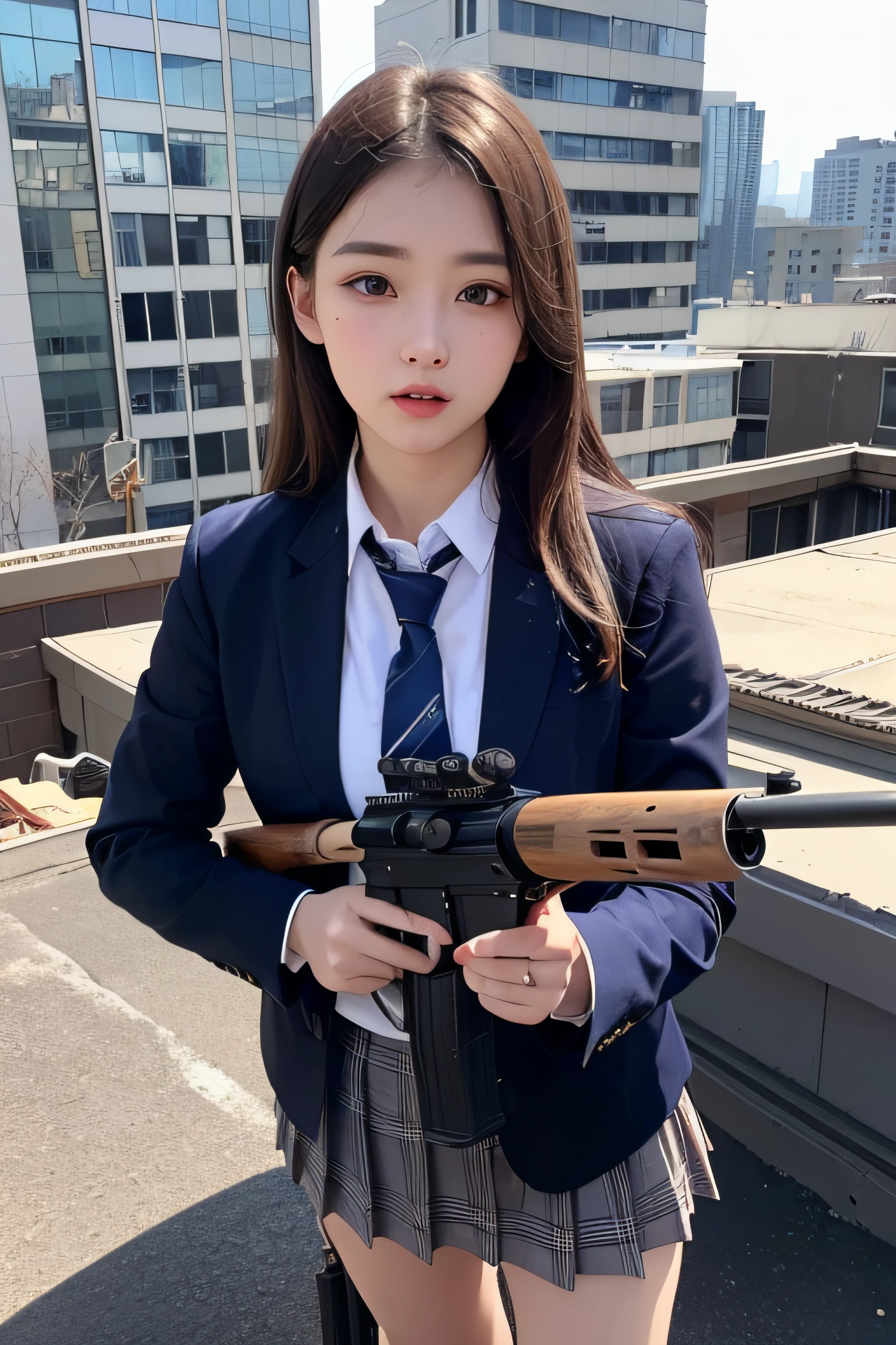 1womanl、(Super beautiful)、(beauitful face:1.5)、(A detailed face)、is standing、(high-school uniform)、Dark blue jacket、white shirt、neck tie、Plaid mini skirt、Brown hair、(Dark makeup)、(holding rifle)、(Aim your rifle:1.5)、h&K HK416、(On the roof of a high-rise building)