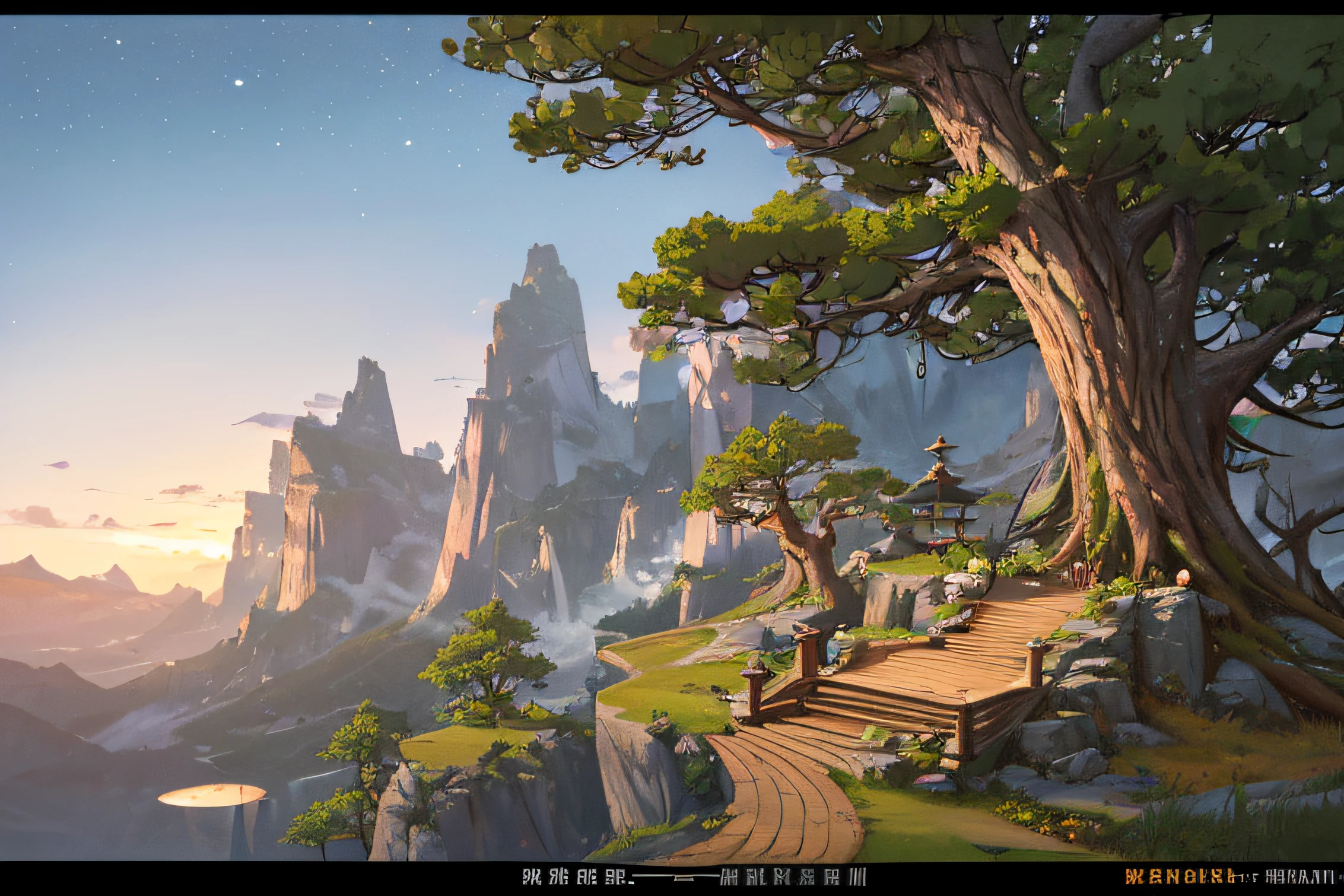 Oriental fantasy atmosphere, (((Dark Night Hours))), (((View from a height of about 5 meters))), (((Bent-Pine))), (((Short, curved old pines as tall as a man))), (((The end of the tree is visible on the screen))), (((Scenery in a narrow forest))), Flat feeling without vanishing point perspective,  photorealistic lighting, (((At night when the moonlight is faint))),  high-definition details, ​masterpiece, Best quality at best, (Highly detailed CG integrated 8k wallpaper), (Top  Quality),  Forest scenery,  The bottom half of the screen is flat ground, Land with a moderate mix of soil and grass, The direction of the road is from the left side of the screen to the right side of the screen., (((At the top half of the screen are very small trees and rocks.))),  Small rocks, Distant view behind the trees, mountains, The dark hour after sunset, The size of the tree is small and it has a lot of curves,