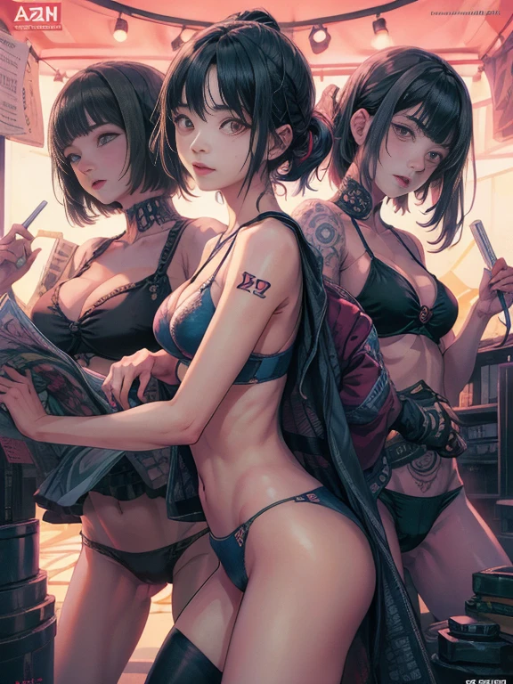 Japanese yakuza 2 sexually female tattoos , banging hair, magazine cover, poster art , adding to the spine-tingling atmosphere, bold huge text, matted design layout. Squeezing belly, all in bikini, Holographic bikini