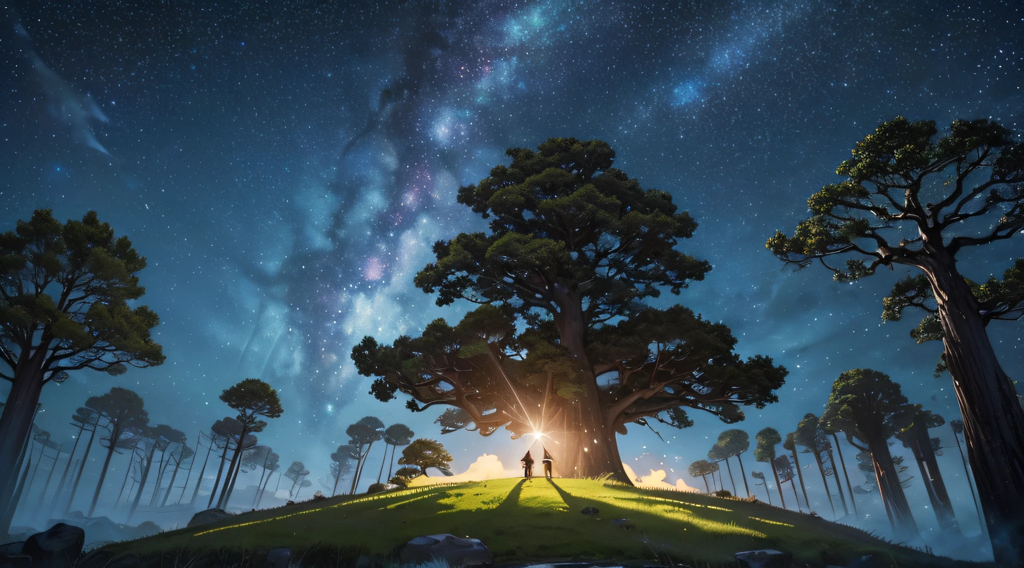masterpiece、Background with((Fantastic starry sky、meteors、black hole))、Depth((Huge fantastic tree、Luminescent vegetation))、a beauty girl、Traditional costumes、Looking up