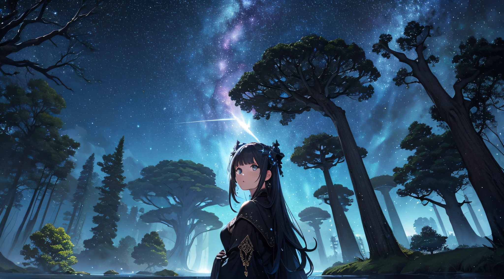 ​masterpiece、Background with((Fantastic starry sky、meteors、black hole))、Depth((Huge fantastic tree、Luminescent vegetation))、a beauty girl、Traditional costumes、Looking up