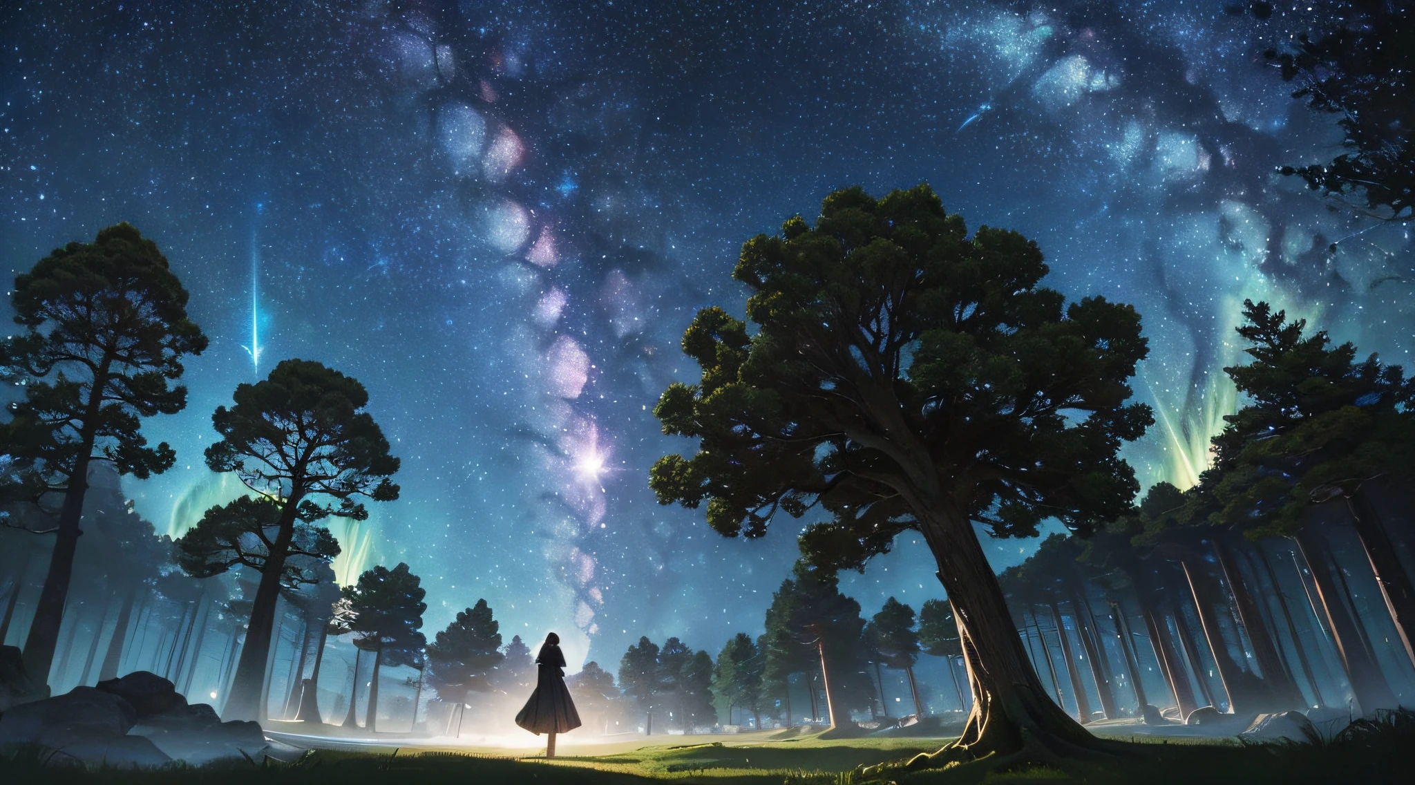 ​masterpiece、Background with((Fantastic starry sky、meteors、black hole))、Depth((Huge fantastic tree、Luminescent vegetation))、a beauty girl、Traditional costumes、Looking up