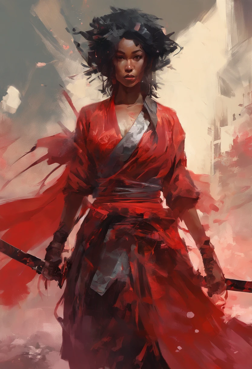 painting of a woman in a red dress holding two swords, female samurai, tithi luadthong, craig mullins alphonse mucha, samurai, very beautiful cyberpunk samurai, pretty samurai with afro, artgerm craig mullins, she is holding a katana sword, pino daeni and dan mumford, samurai with afro, katana, guweiz masterpiece