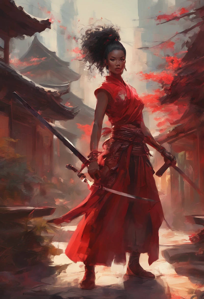 painting of a woman in a red dress holding two swords, female samurai, tithi luadthong, craig mullins alphonse mucha, samurai, very beautiful cyberpunk samurai, pretty samurai with afro, artgerm craig mullins, she is holding a katana sword, pino daeni and dan mumford, samurai with afro, katana, guweiz masterpiece
